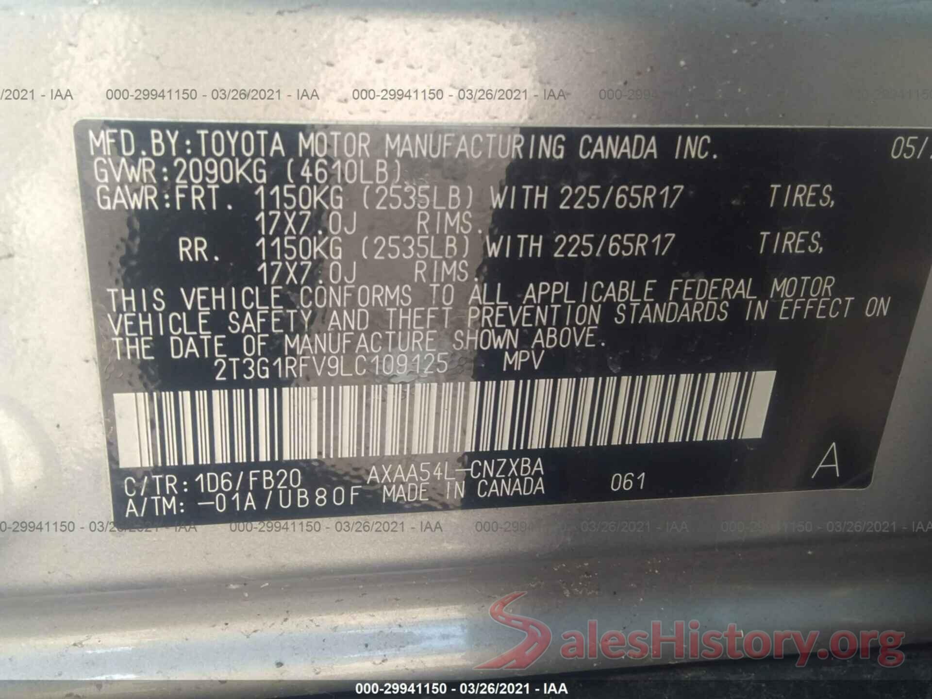 2T3G1RFV9LC109125 2020 TOYOTA RAV4