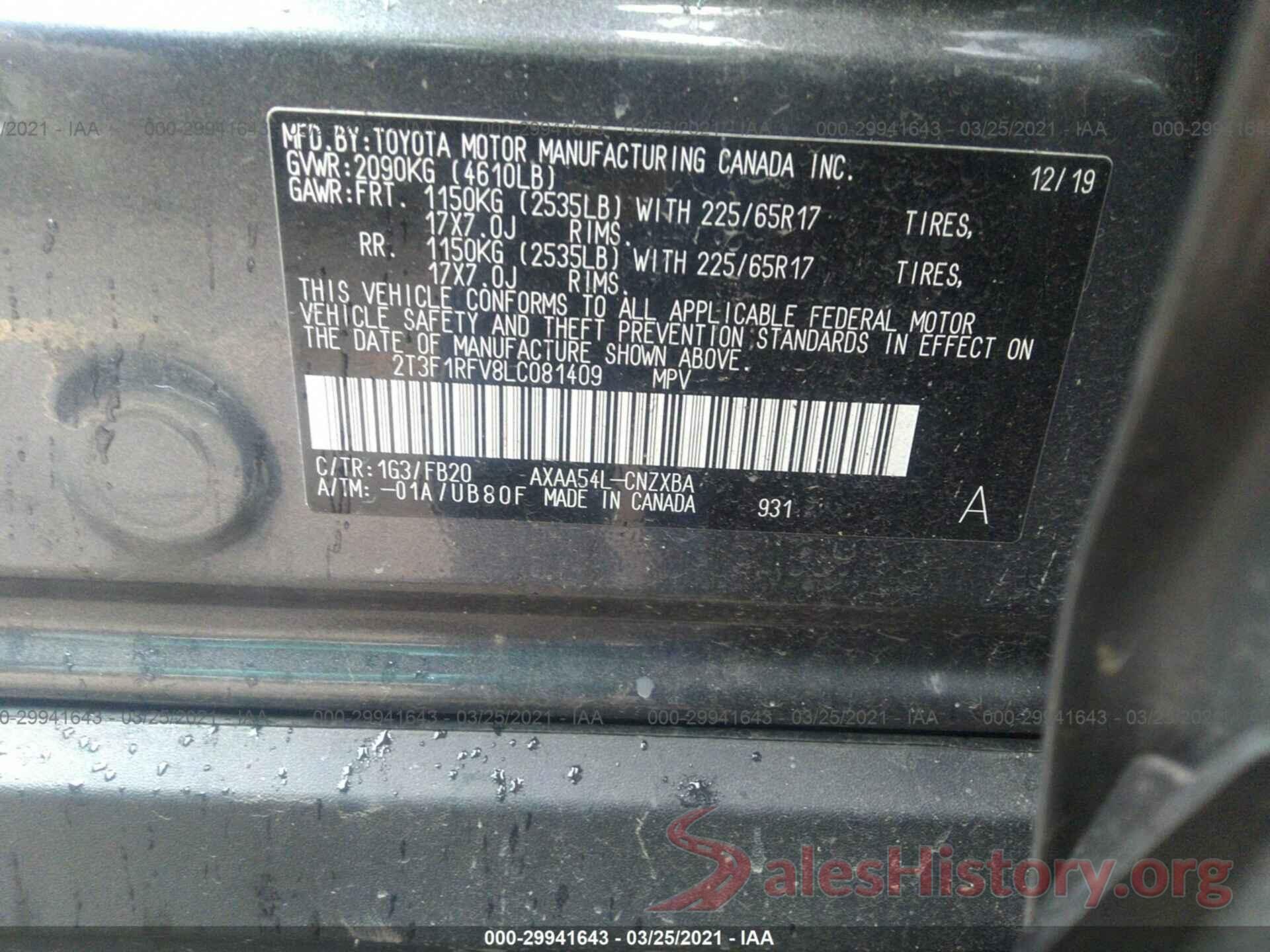 2T3F1RFV8LC081409 2020 TOYOTA RAV4