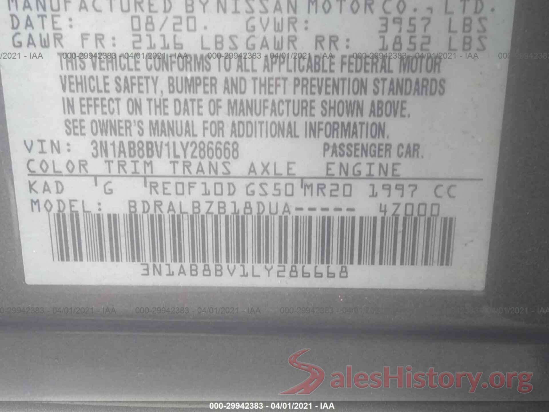 3N1AB8BV1LY286668 2020 NISSAN SENTRA