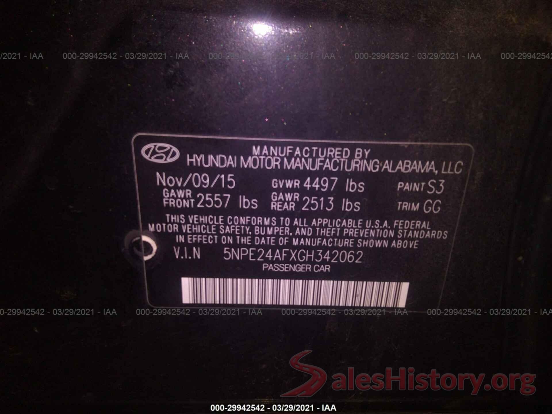 5NPE24AFXGH342062 2016 HYUNDAI SONATA