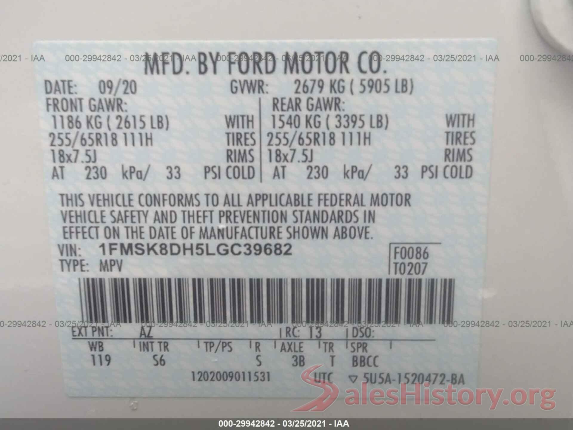 1FMSK8DH5LGC39682 2020 FORD EXPLORER