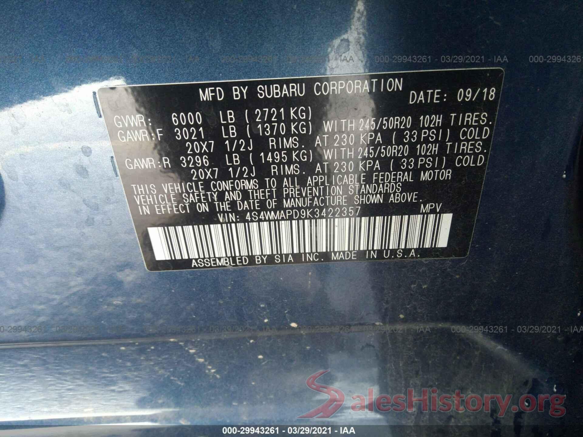 4S4WMAPD9K3422357 2019 SUBARU ASCENT