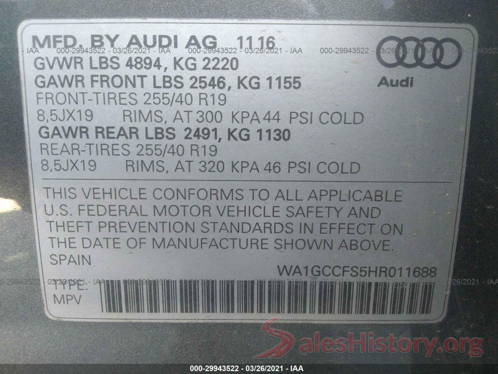 WA1GCCFS5HR011688 2017 AUDI Q3