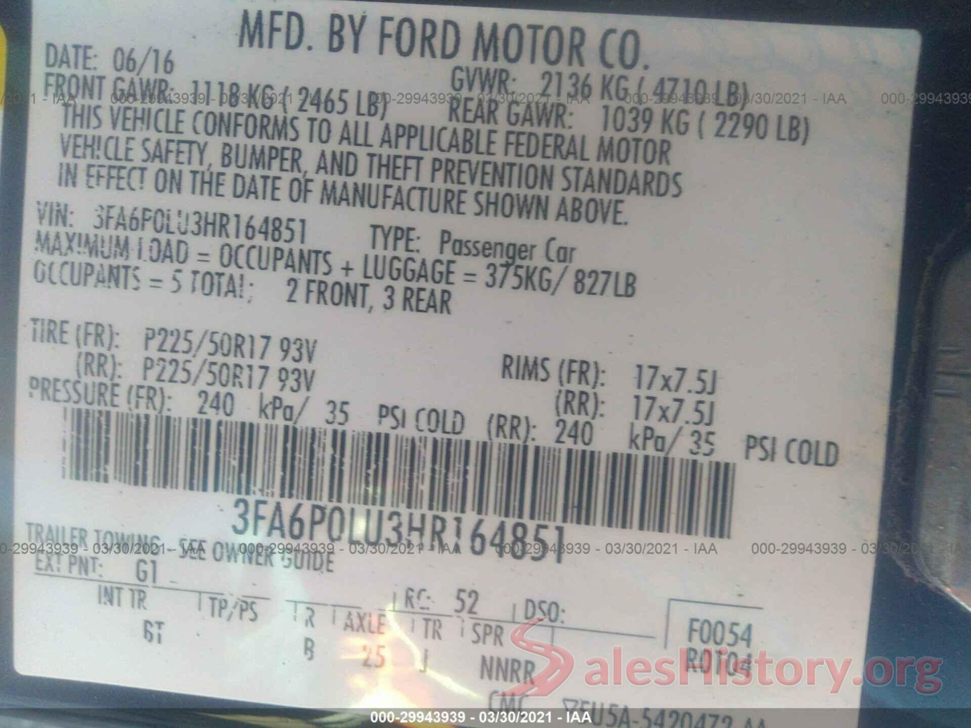 3FA6P0LU3HR164851 2017 FORD FUSION