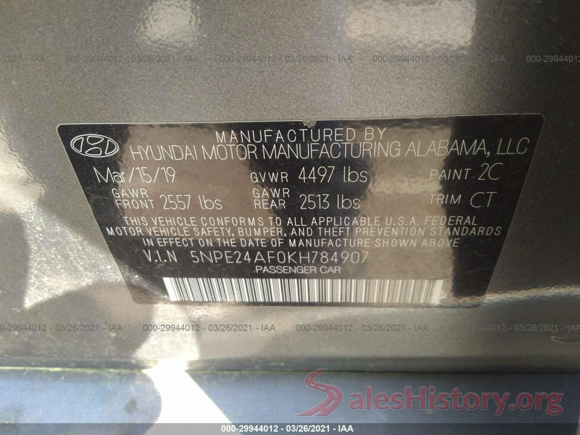 5NPE24AF0KH784907 2019 HYUNDAI SONATA