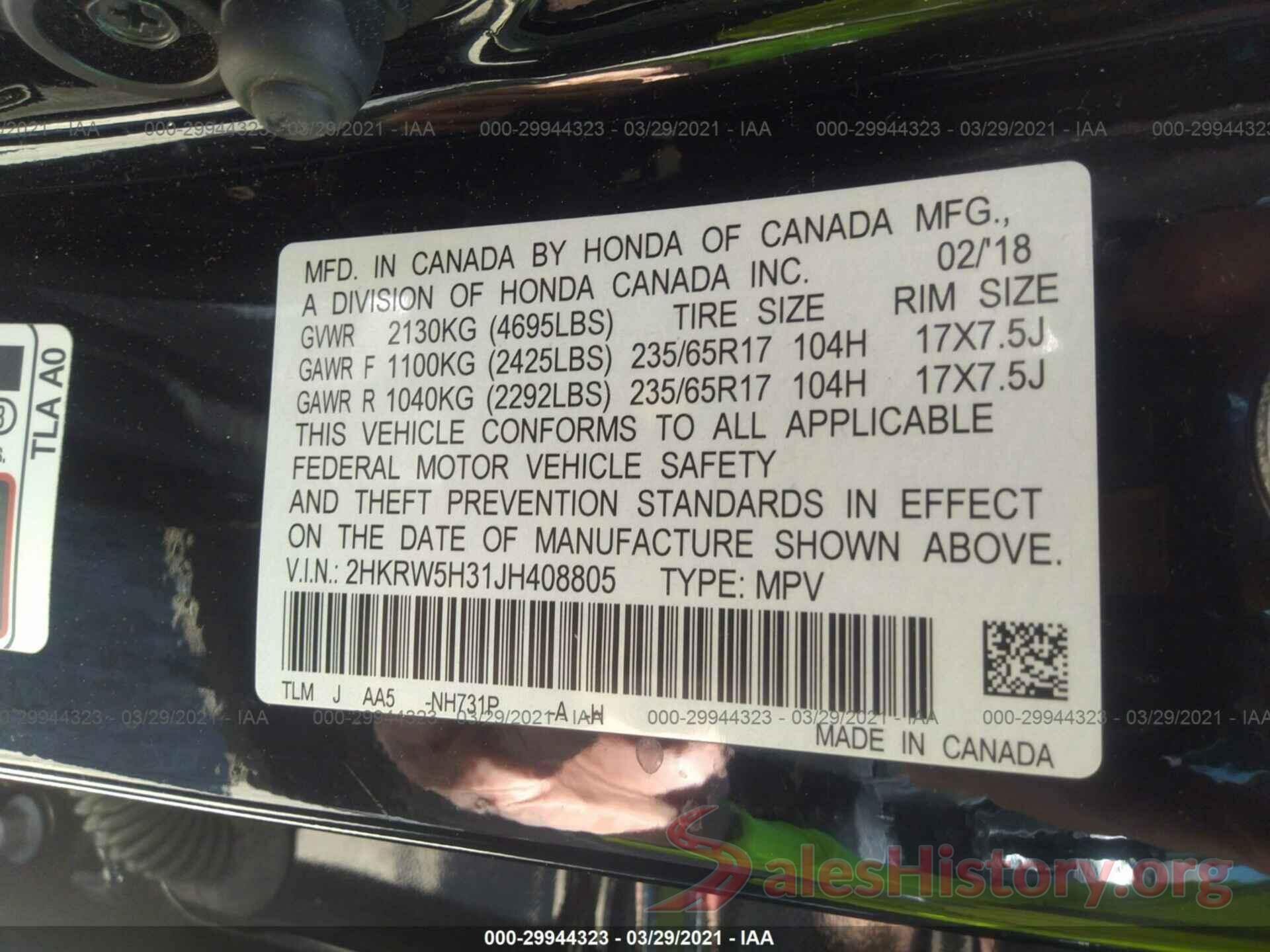 2HKRW5H31JH408805 2018 HONDA CR-V