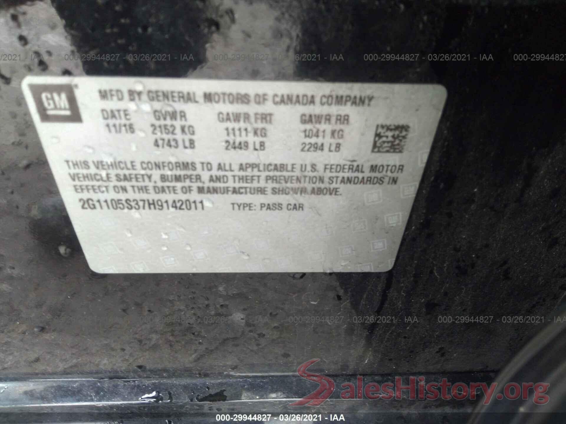 2G1105S37H9142011 2017 CHEVROLET IMPALA