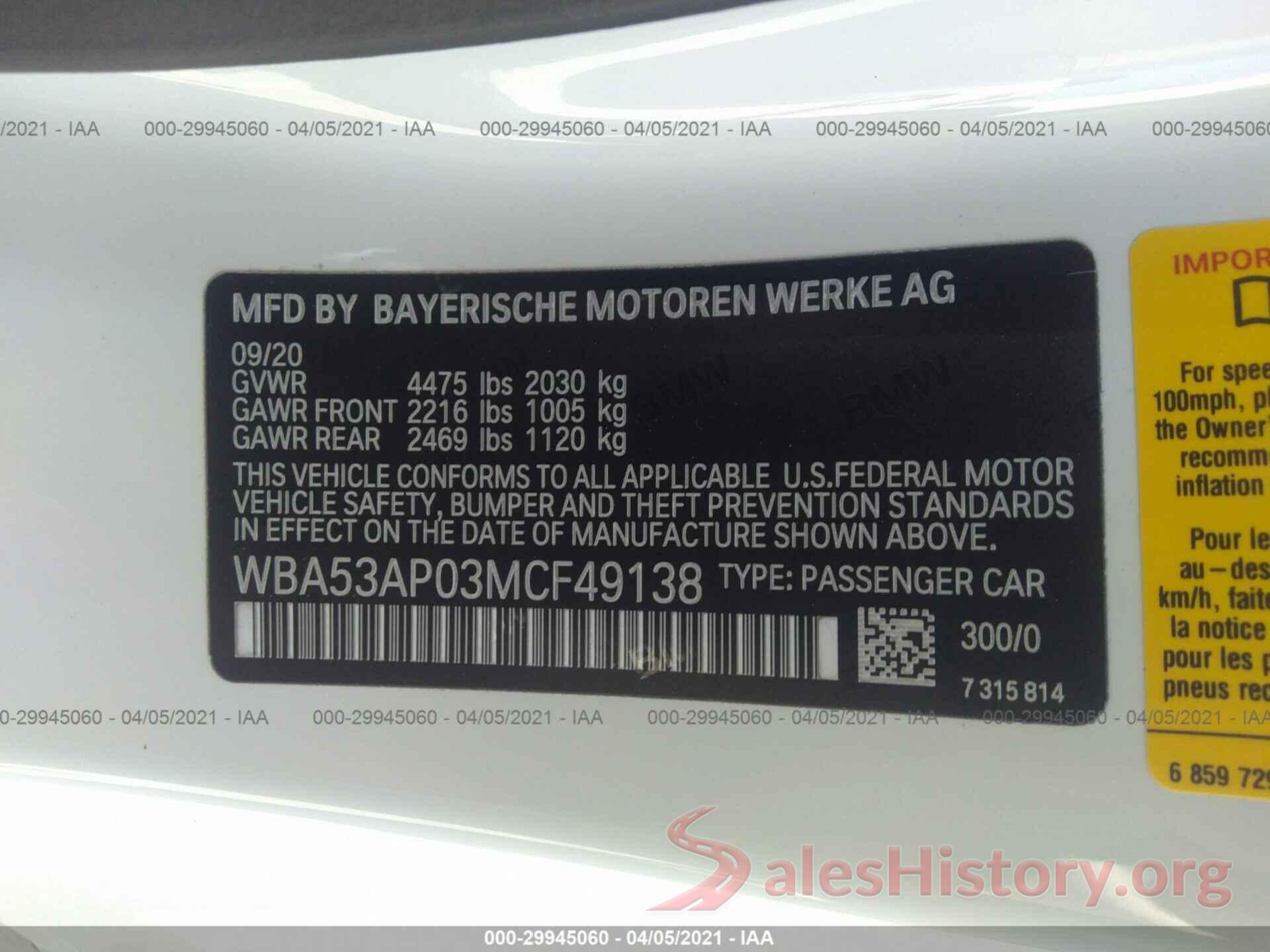 WBA53AP03MCF49138 2021 BMW 4 SERIES