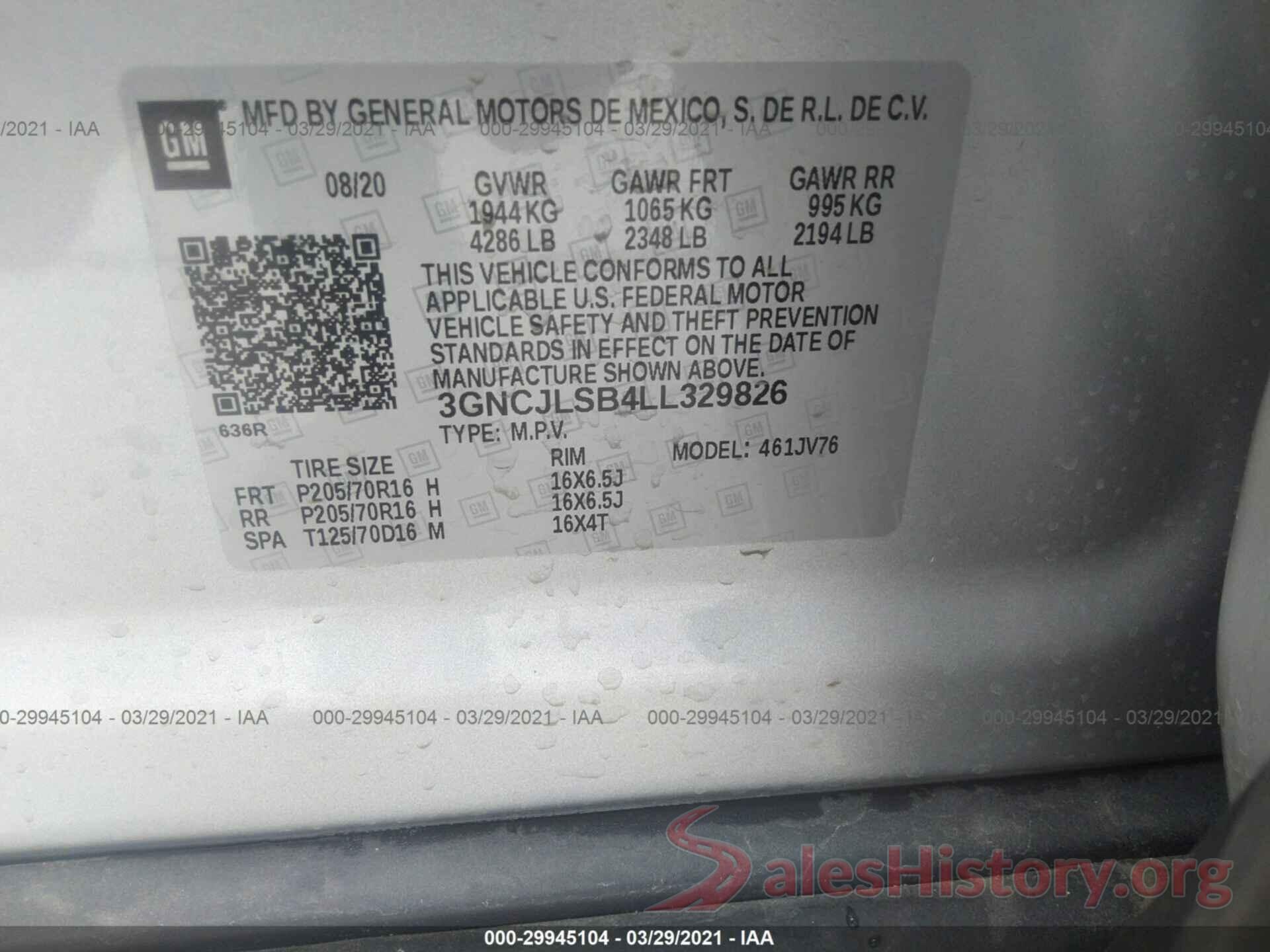 3GNCJLSB4LL329826 2020 CHEVROLET TRAX