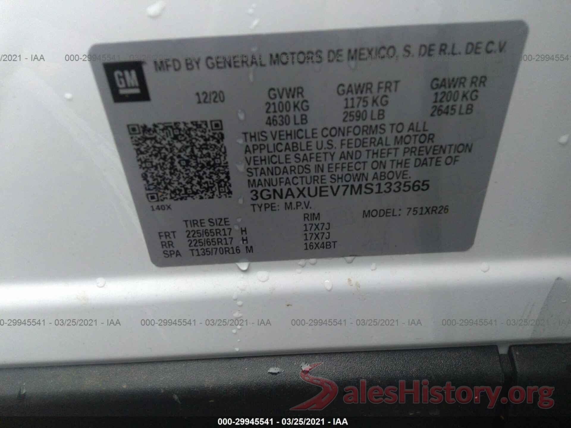 3GNAXUEV7MS133565 2021 CHEVROLET EQUINOX