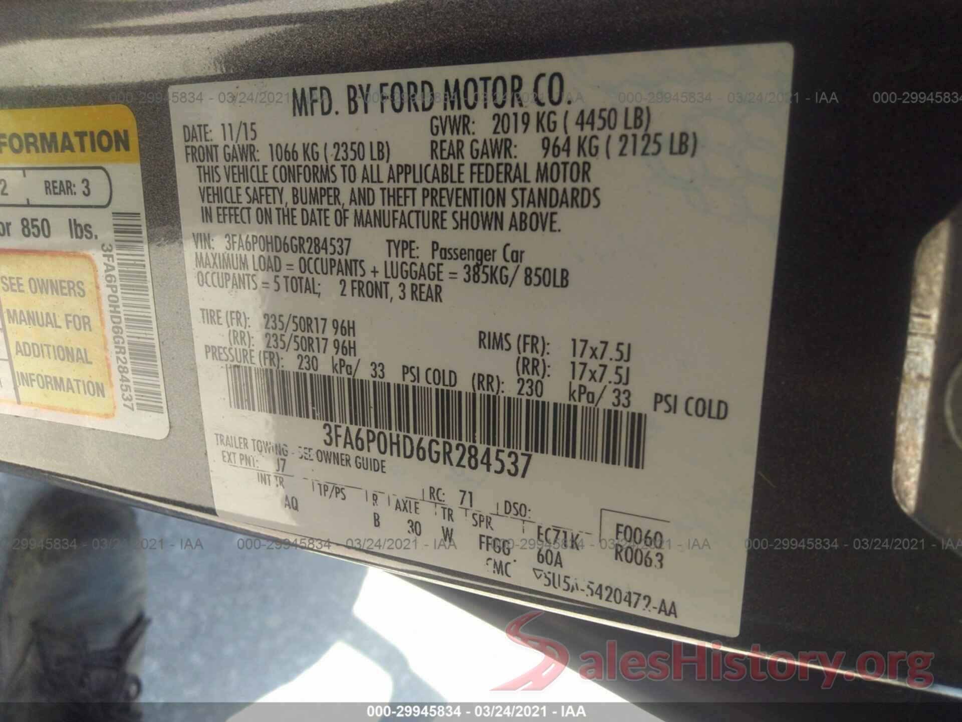 3FA6P0HD6GR284537 2016 FORD FUSION