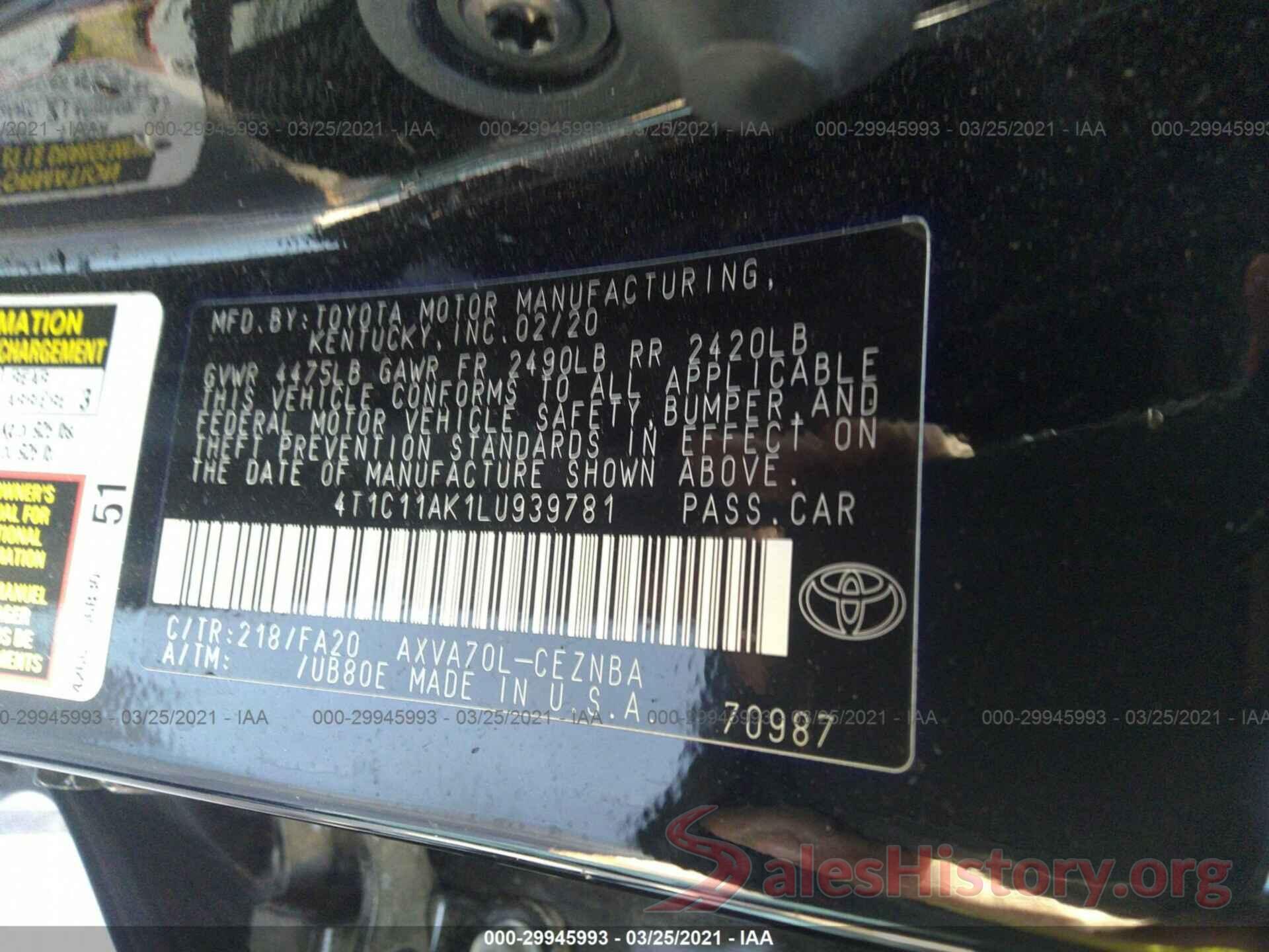 4T1C11AK1LU939781 2020 TOYOTA CAMRY