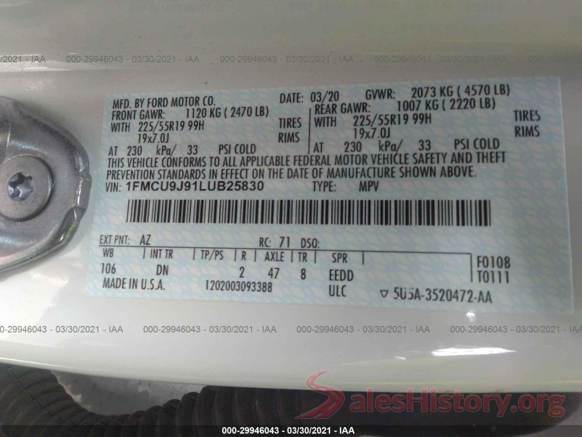 1FMCU9J91LUB25830 2020 FORD ESCAPE