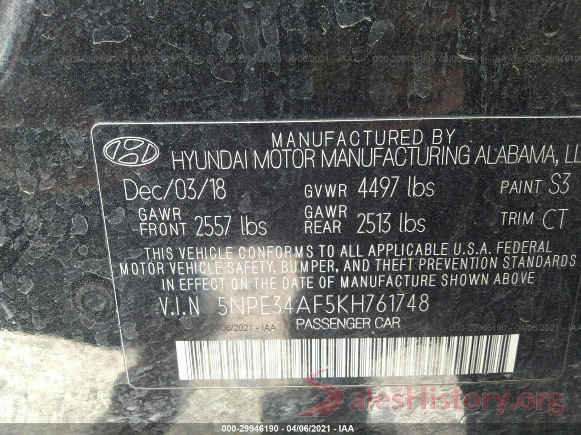 5NPE34AF5KH761748 2019 HYUNDAI SONATA