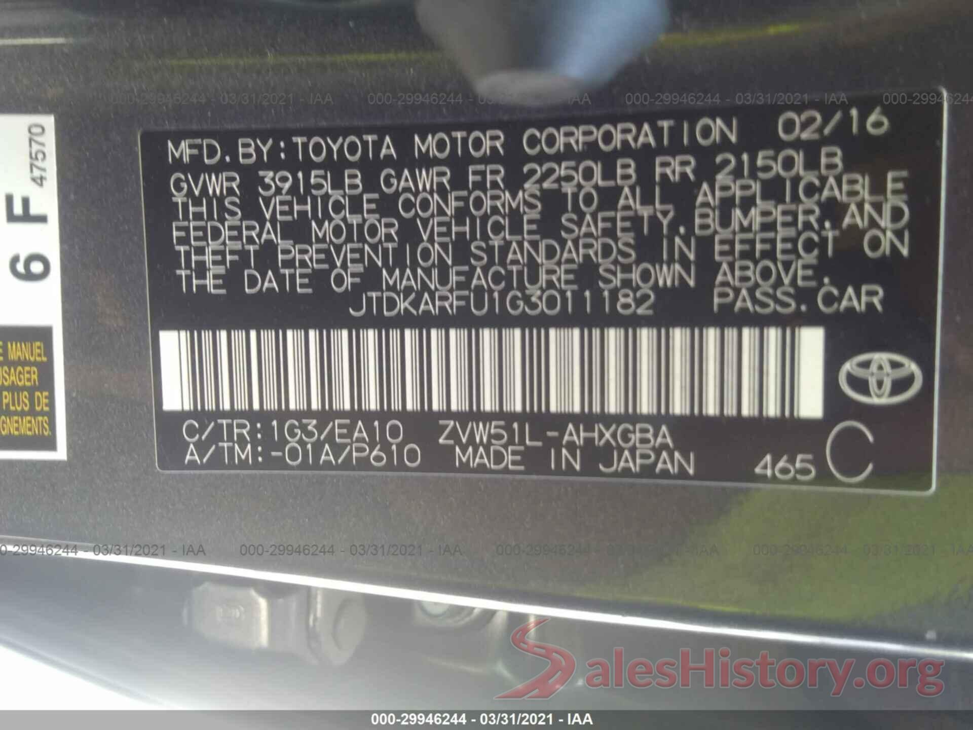 JTDKARFU1G3011182 2016 TOYOTA PRIUS