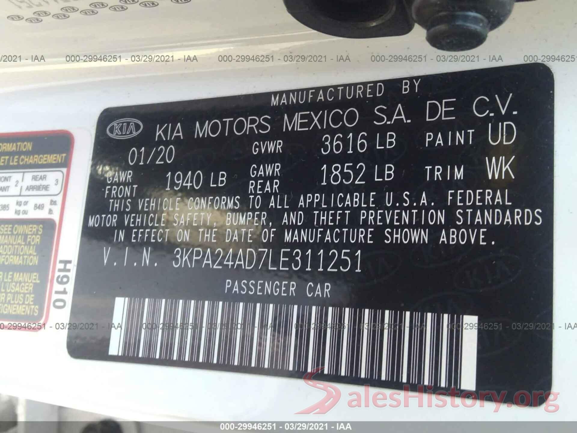 3KPA24AD7LE311251 2020 KIA RIO