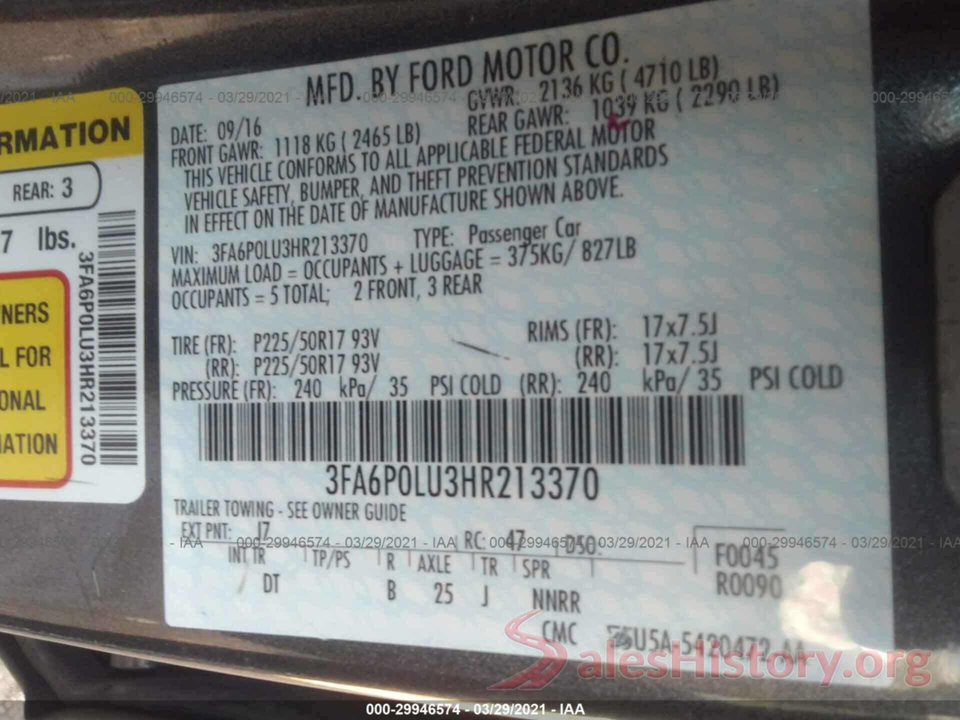 3FA6P0LU3HR213370 2017 FORD FUSION