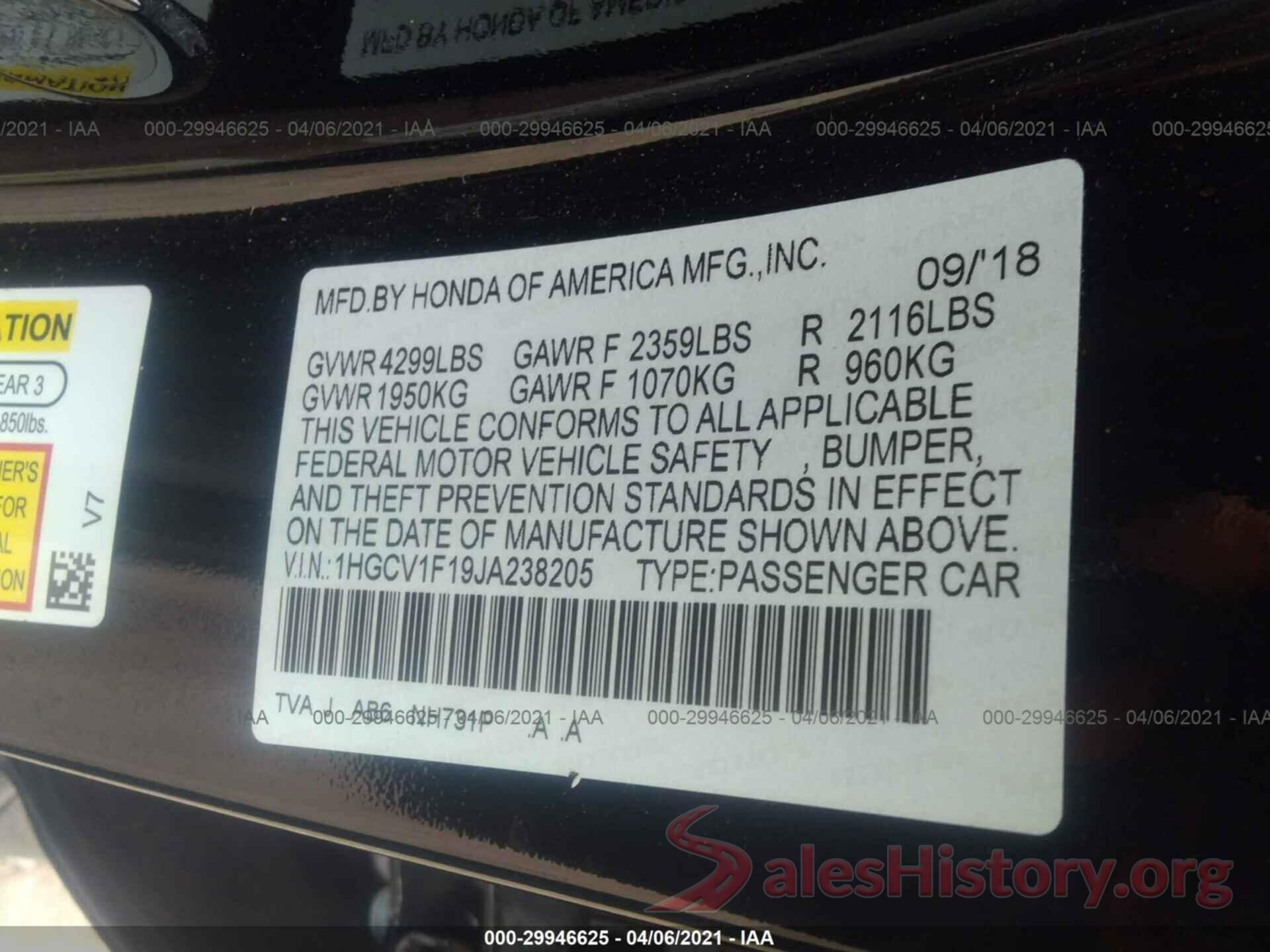 1HGCV1F19JA238205 2018 HONDA ACCORD SEDAN