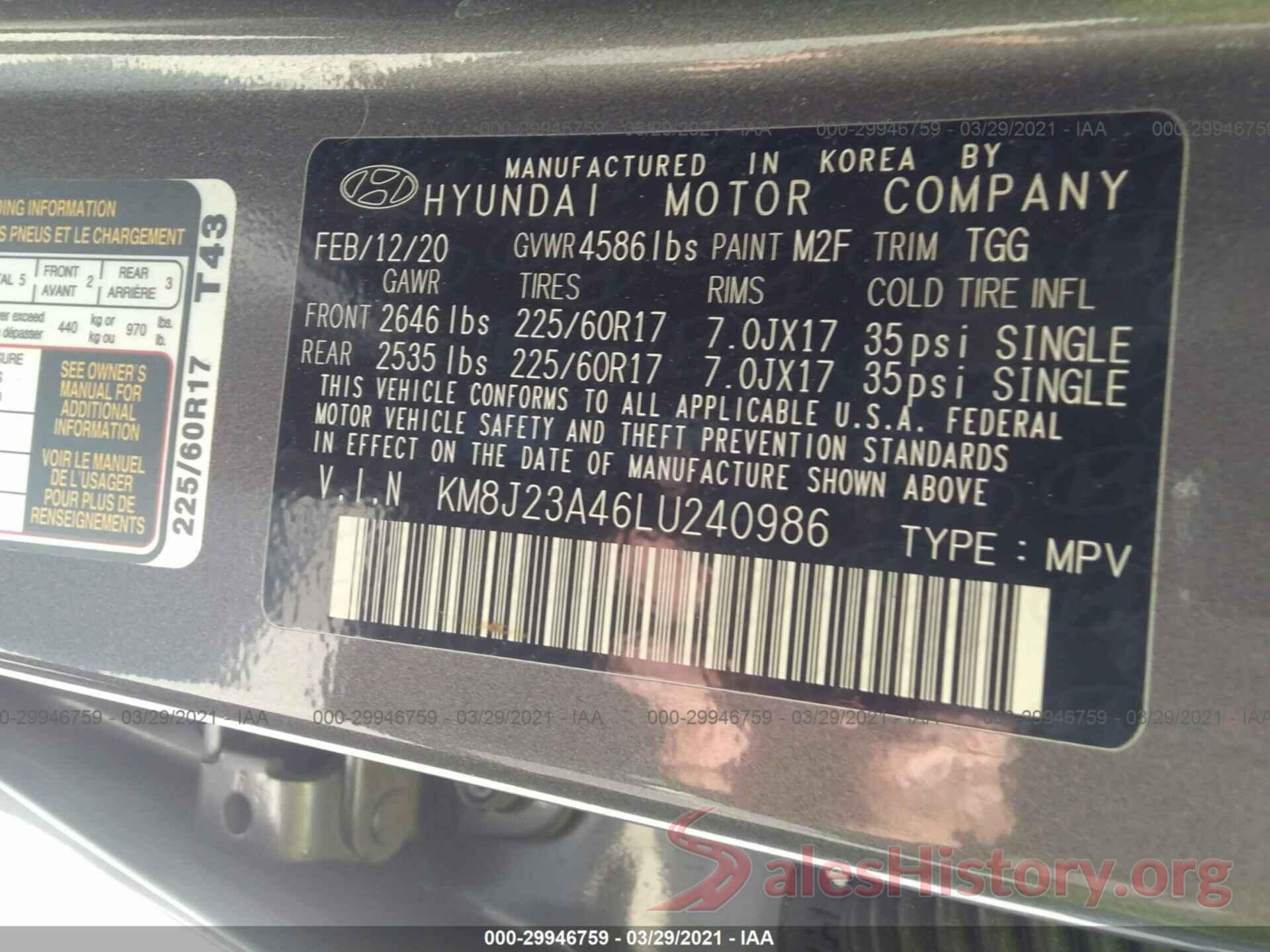 KM8J23A46LU240986 2020 HYUNDAI TUCSON