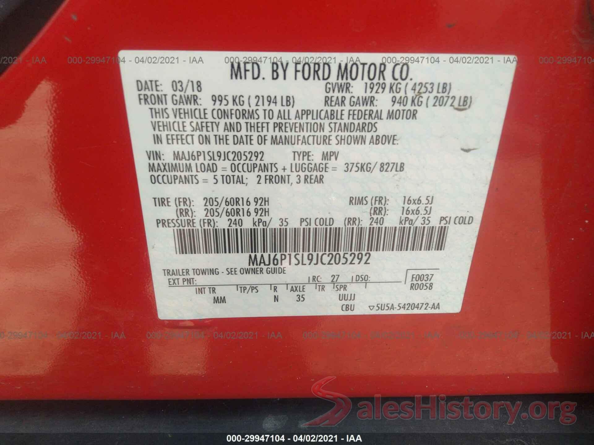 MAJ6P1SL9JC205292 2018 FORD ECOSPORT