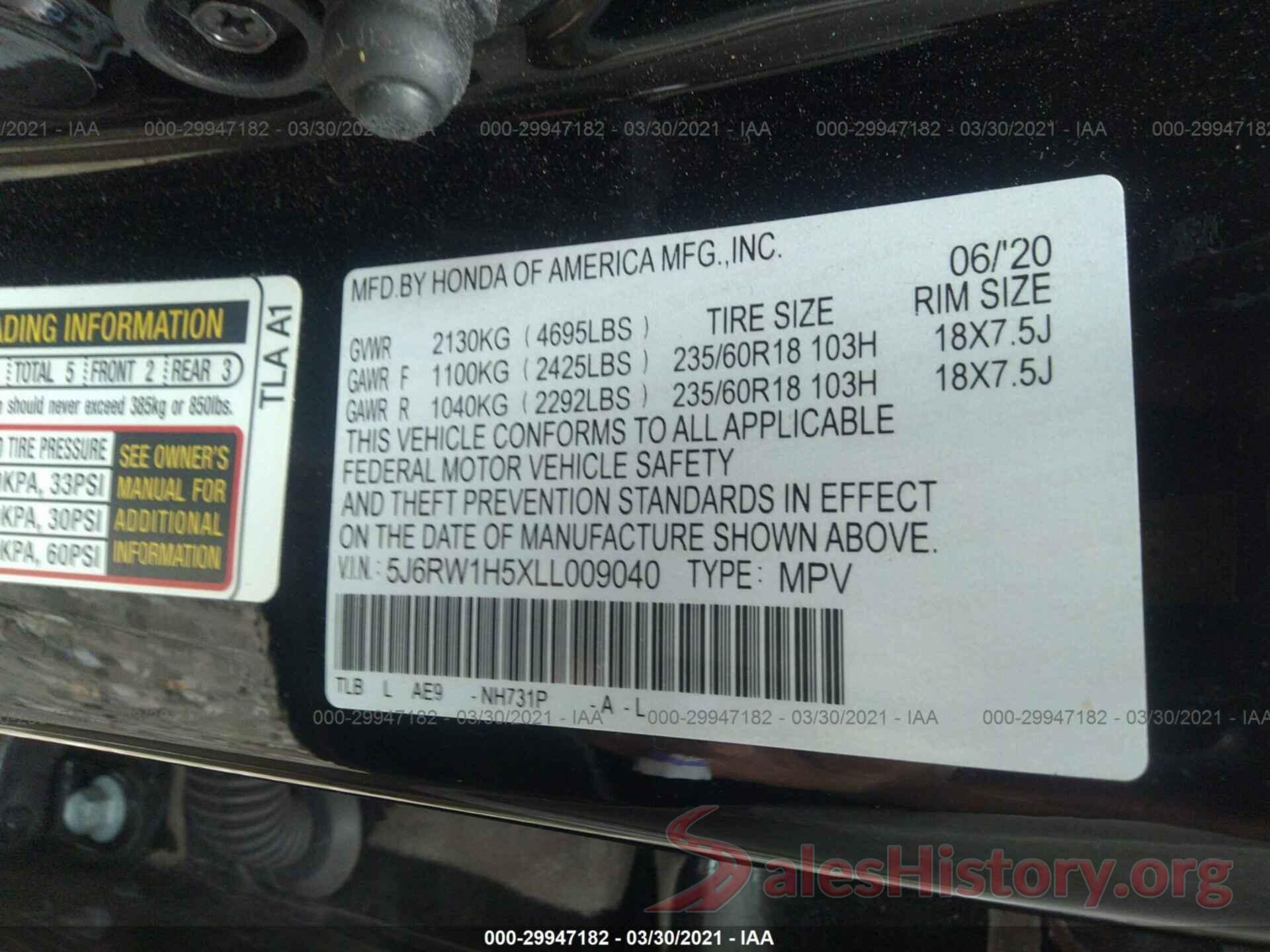 5J6RW1H5XLL009040 2020 HONDA CR-V