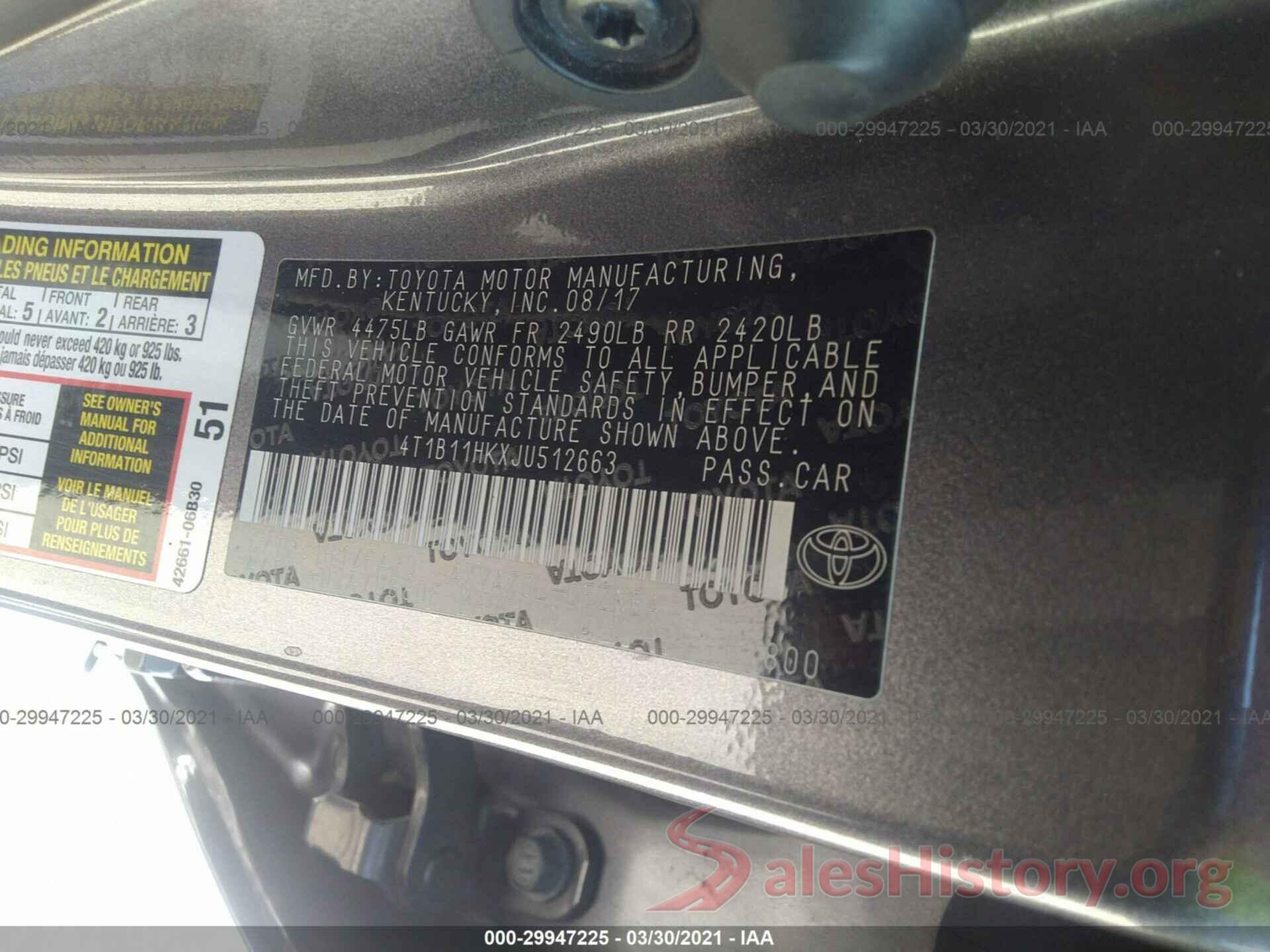 4T1B11HKXJU512663 2018 TOYOTA CAMRY