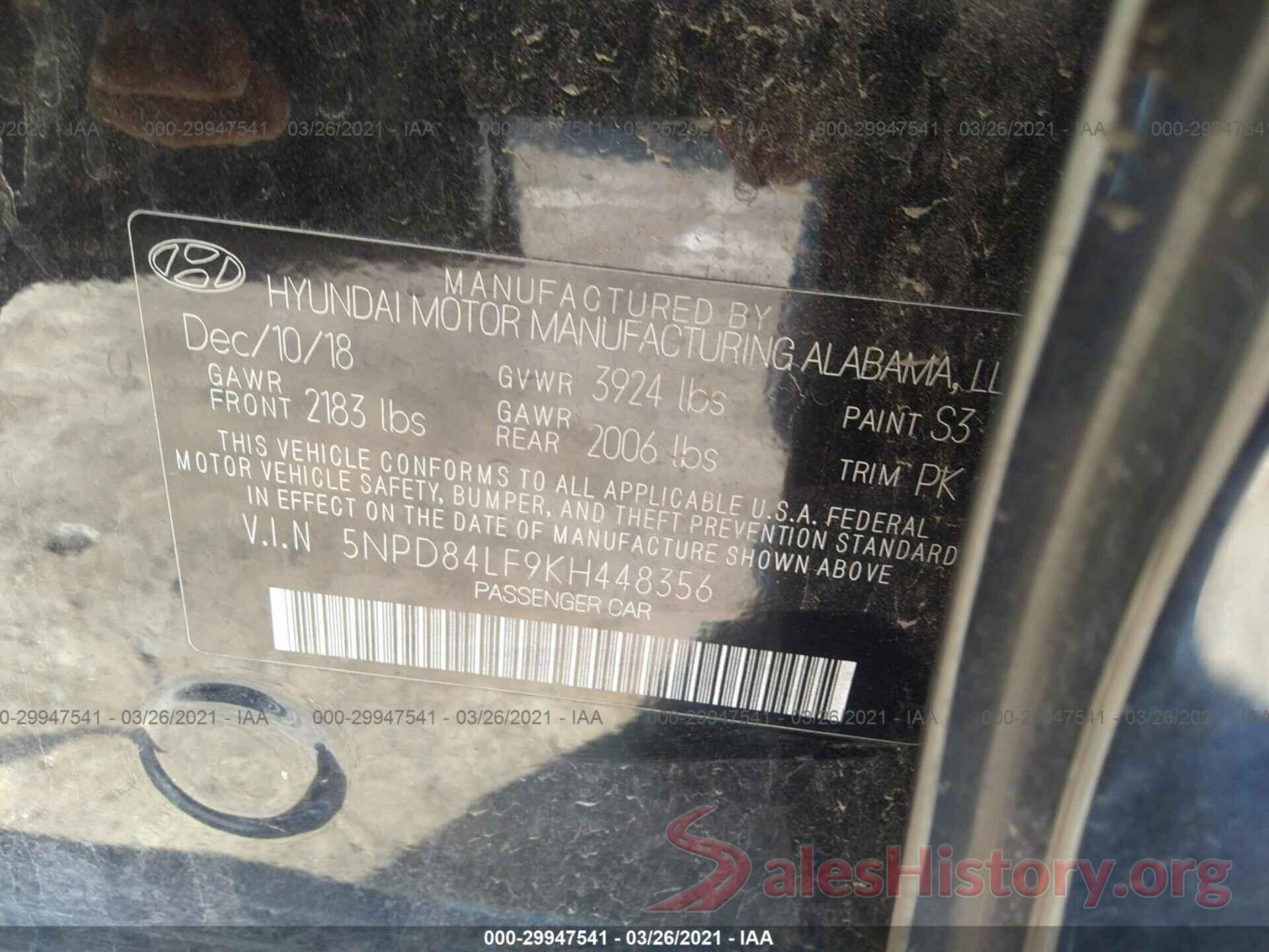 5NPD84LF9KH448356 2019 HYUNDAI ELANTRA