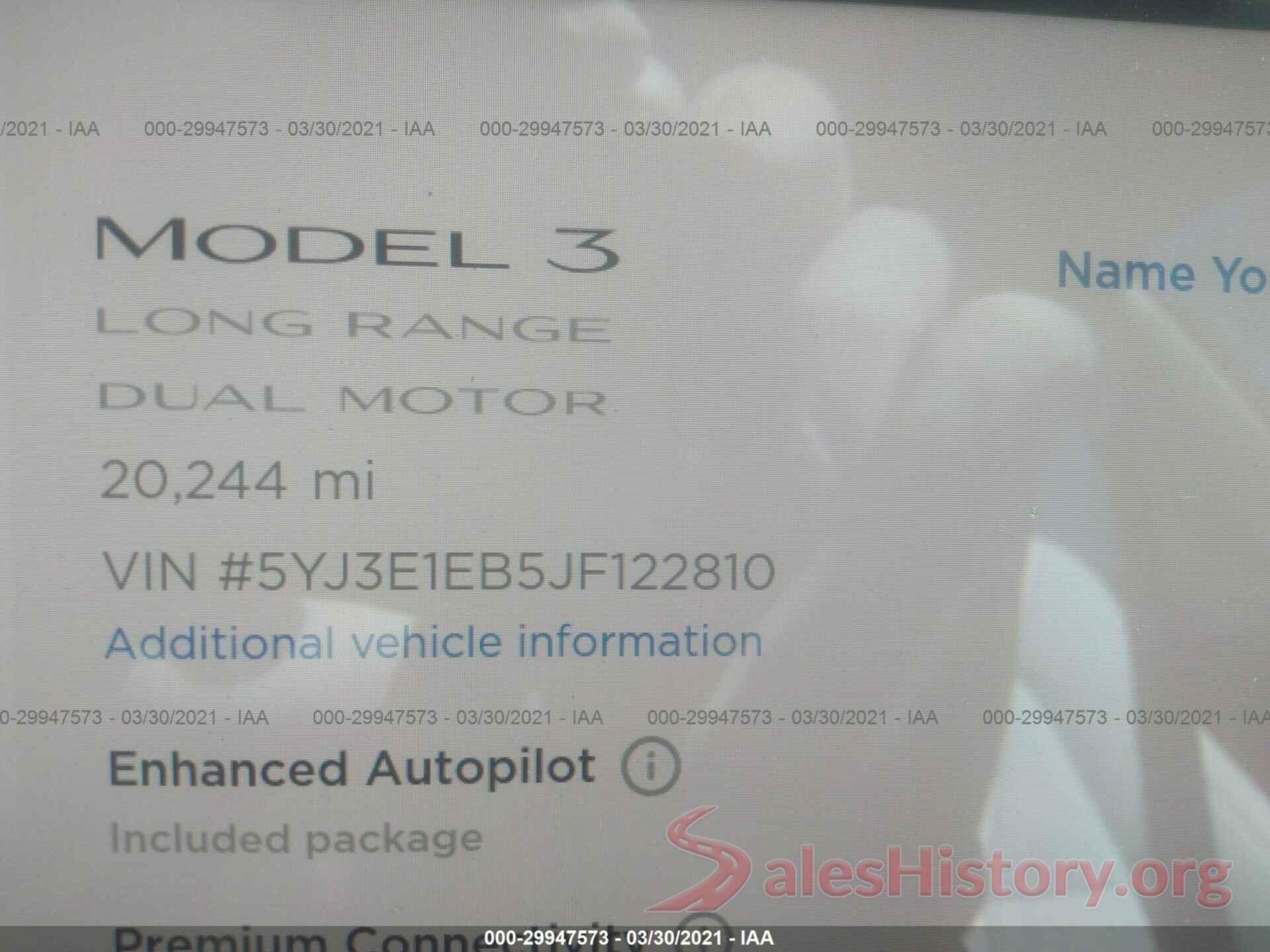 5YJ3E1EB5JF122810 2018 TESLA MODEL 3