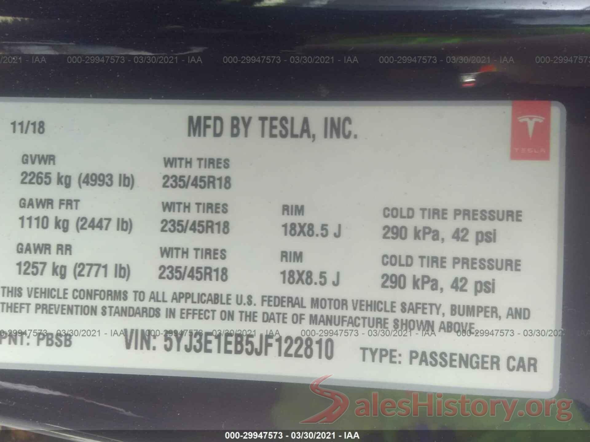 5YJ3E1EB5JF122810 2018 TESLA MODEL 3