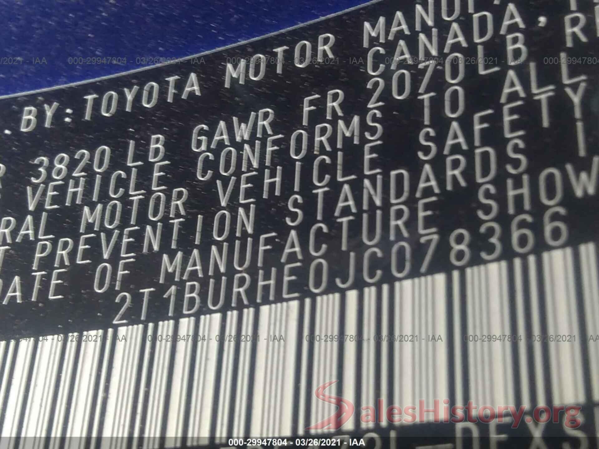 2T1BURHE0JC078366 2018 TOYOTA COROLLA