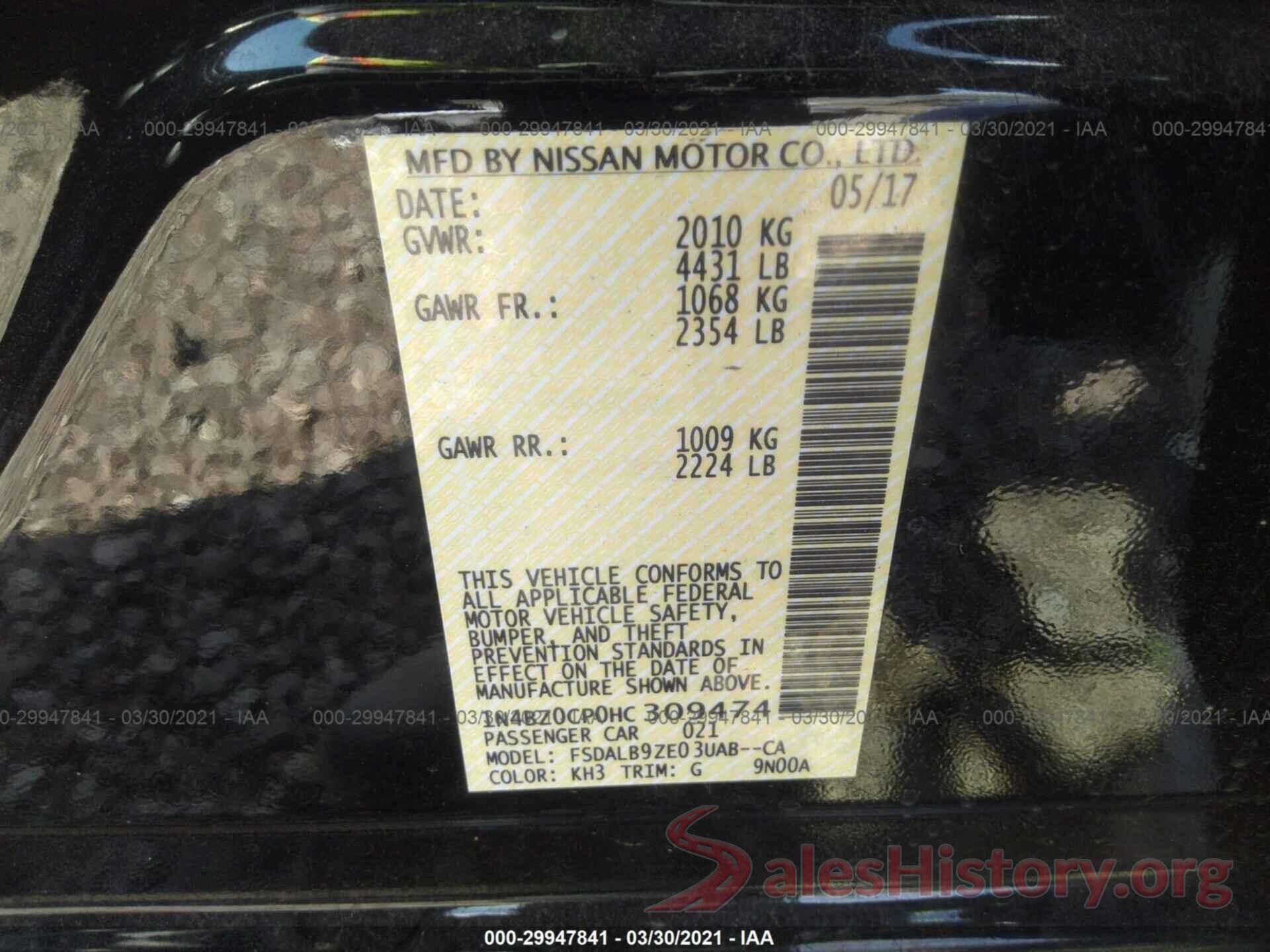 1N4BZ0CP0HC309474 2017 NISSAN LEAF