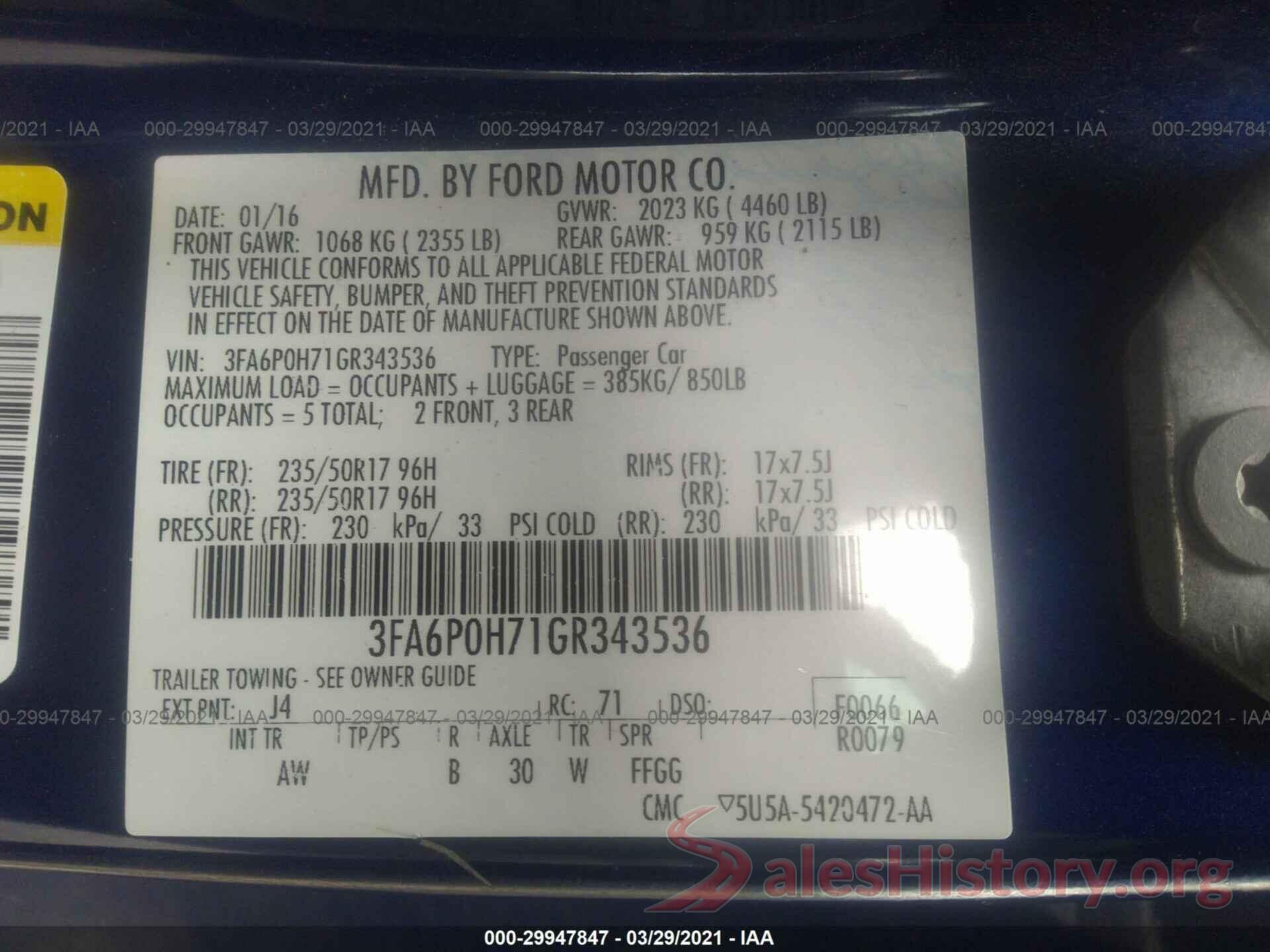 3FA6P0H71GR343536 2016 FORD FUSION