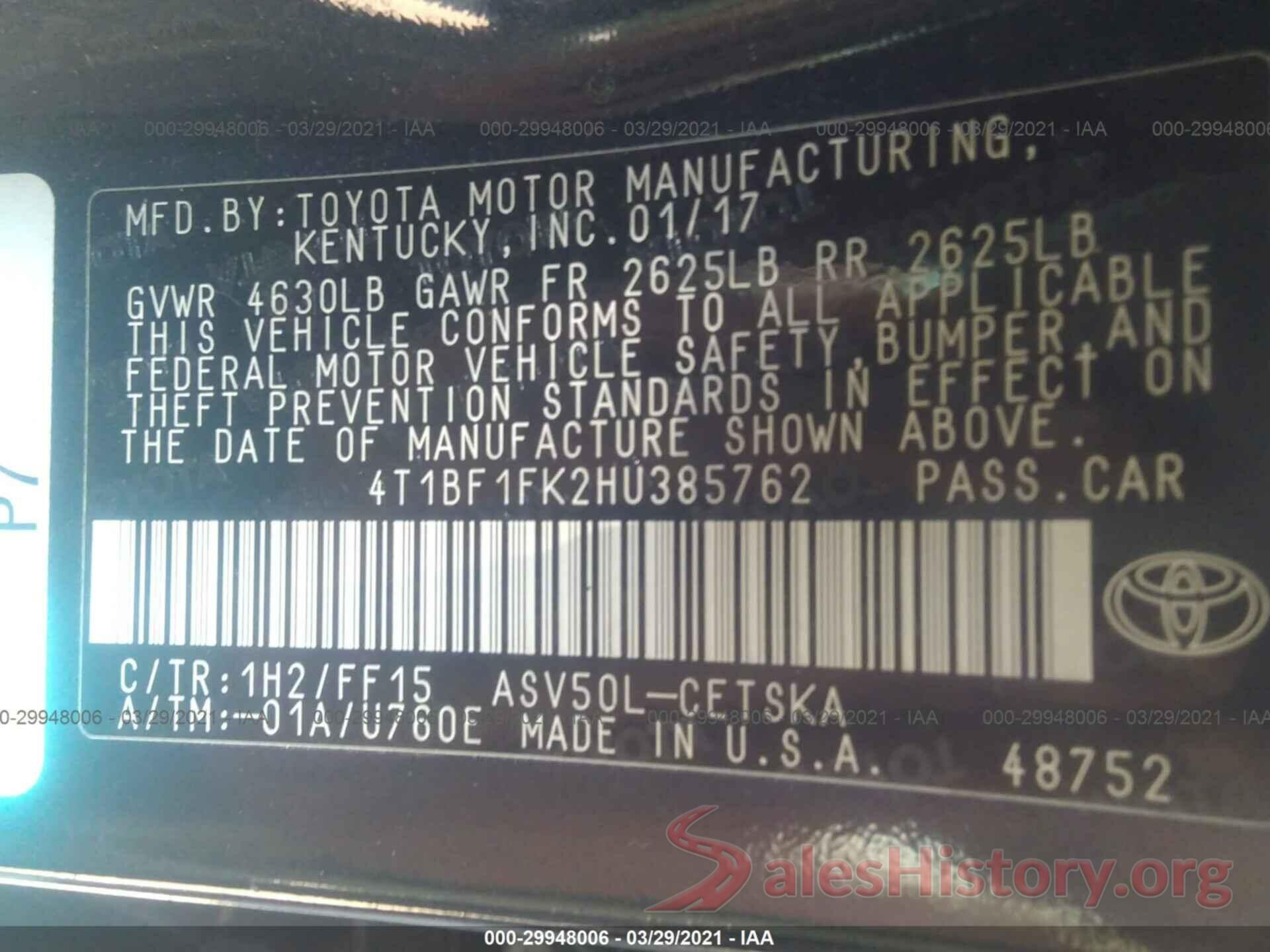 4T1BF1FK2HU385762 2017 TOYOTA CAMRY