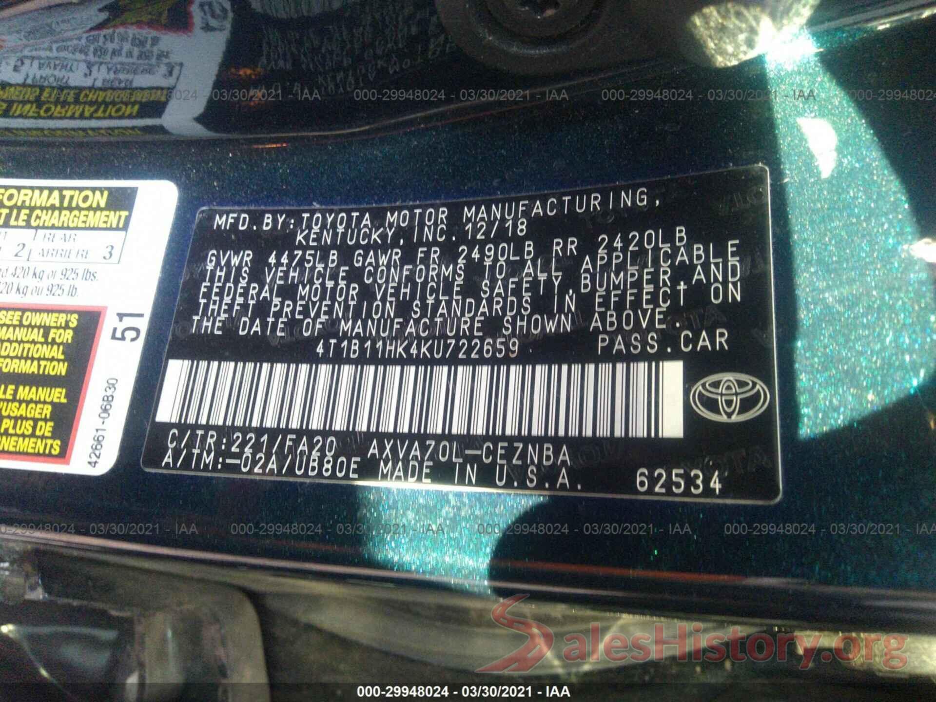 4T1B11HK4KU722659 2019 TOYOTA CAMRY