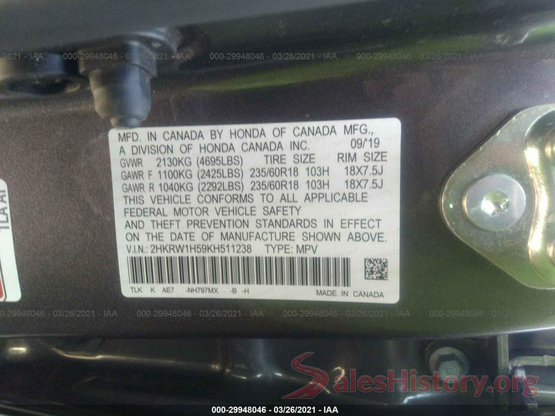 2HKRW1H59KH511238 2019 HONDA CR-V