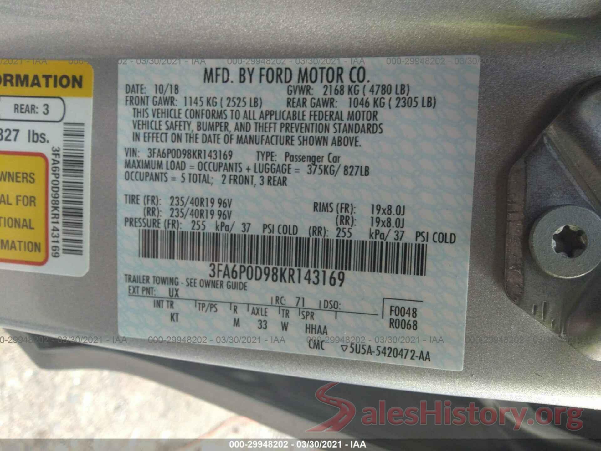 3FA6P0D98KR143169 2019 FORD FUSION