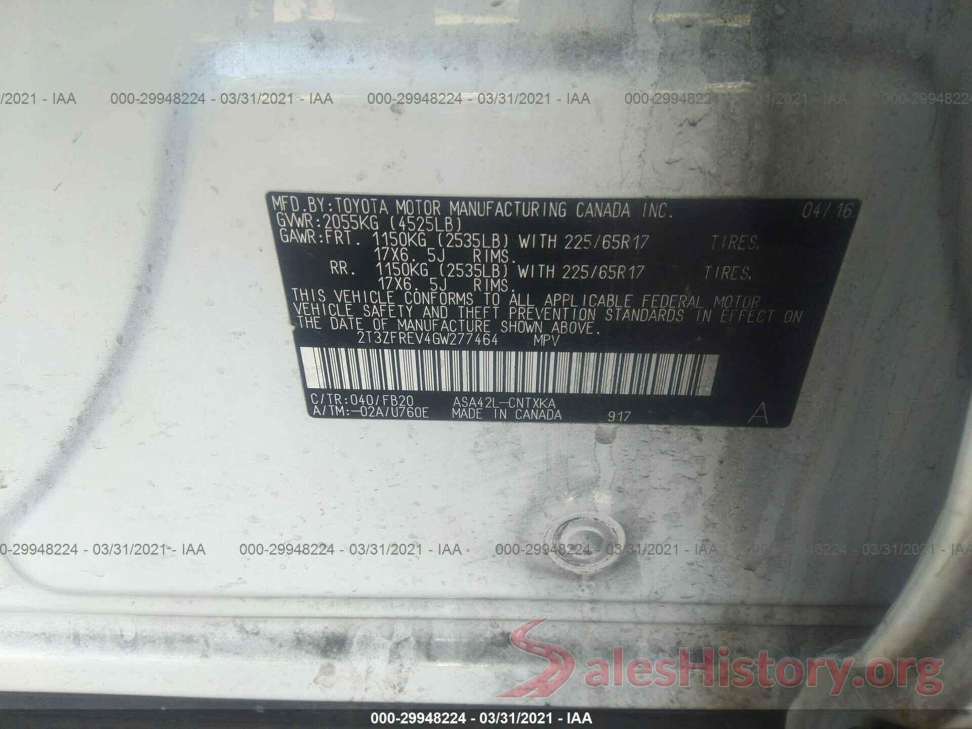 2T3ZFREV4GW277464 2016 TOYOTA RAV4