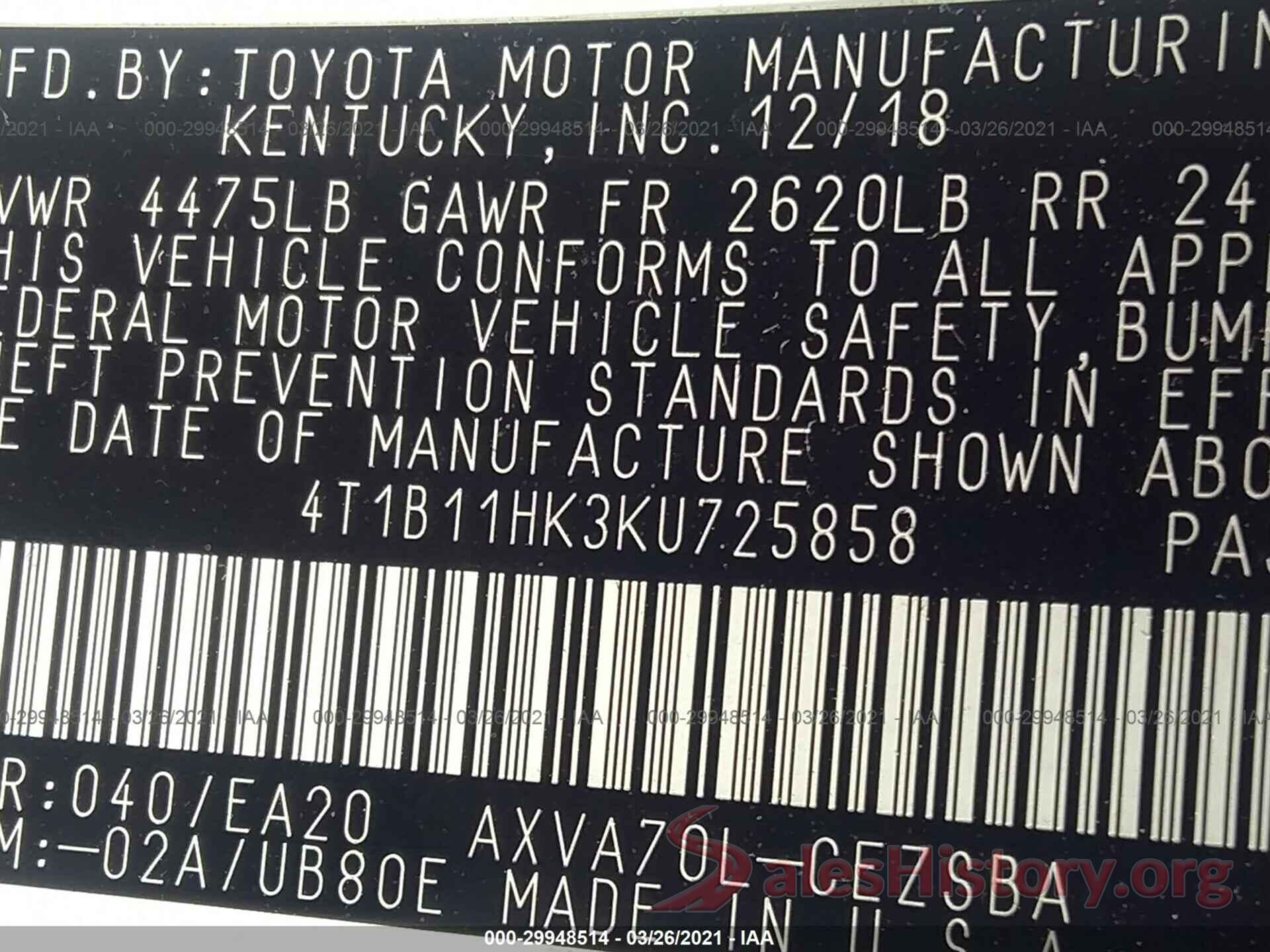 4T1B11HK3KU725858 2019 TOYOTA CAMRY