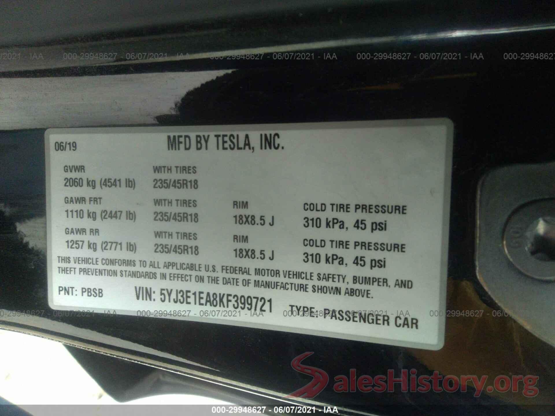 5YJ3E1EA8KF399721 2019 TESLA MODEL 3