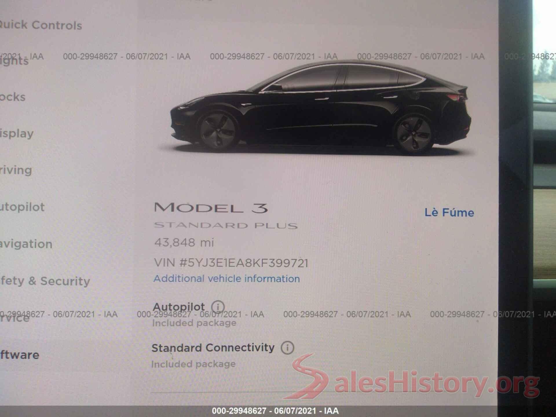 5YJ3E1EA8KF399721 2019 TESLA MODEL 3