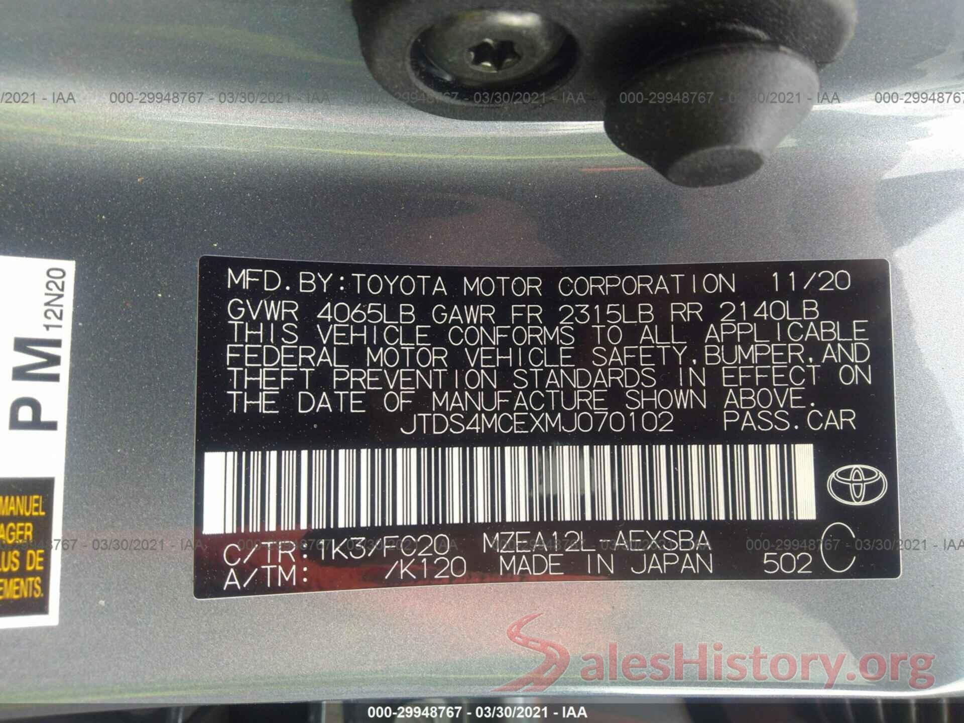 JTDS4MCEXMJ070102 2021 TOYOTA COROLLA