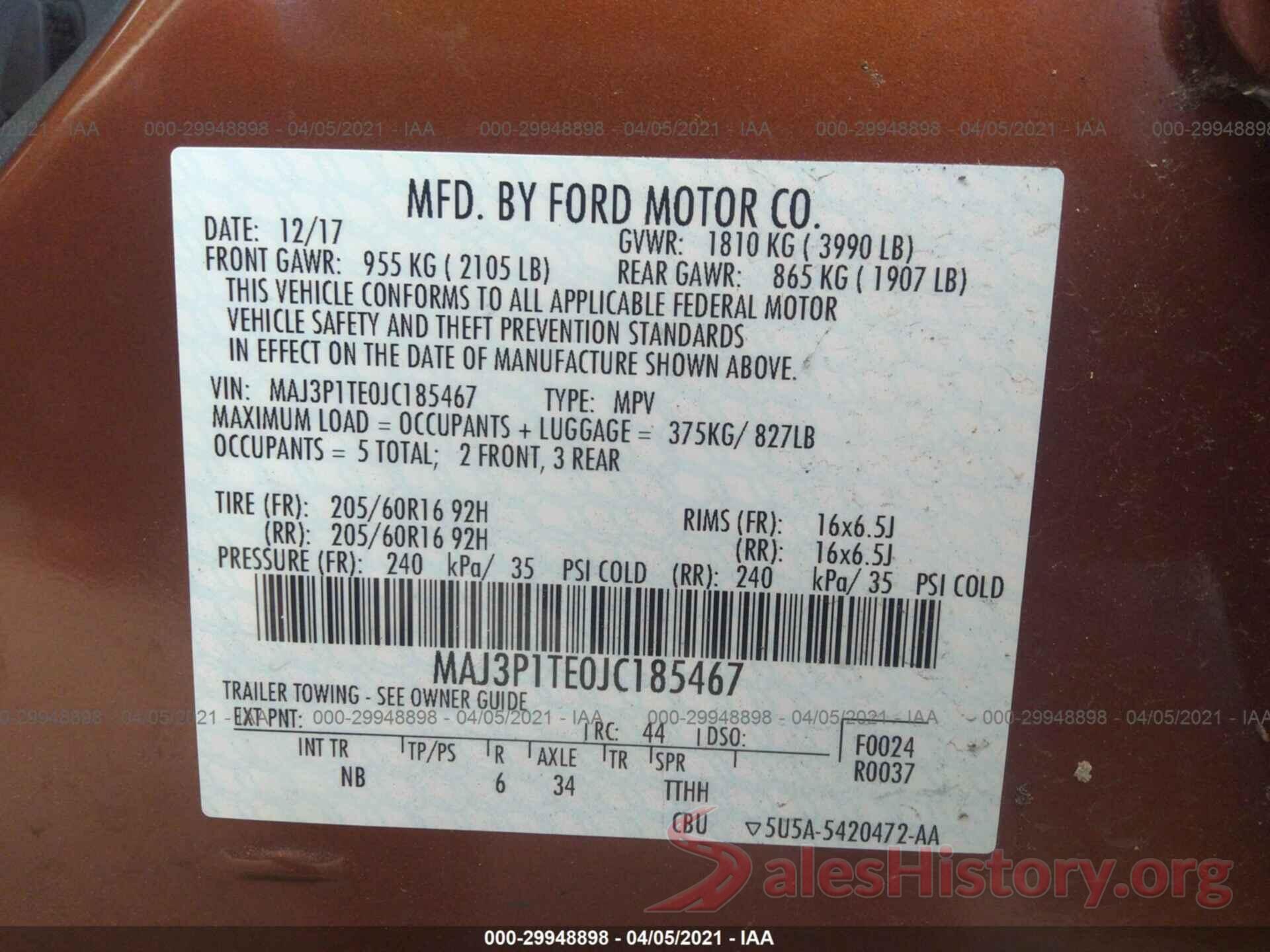 MAJ3P1TE0JC185467 2018 FORD ECOSPORT