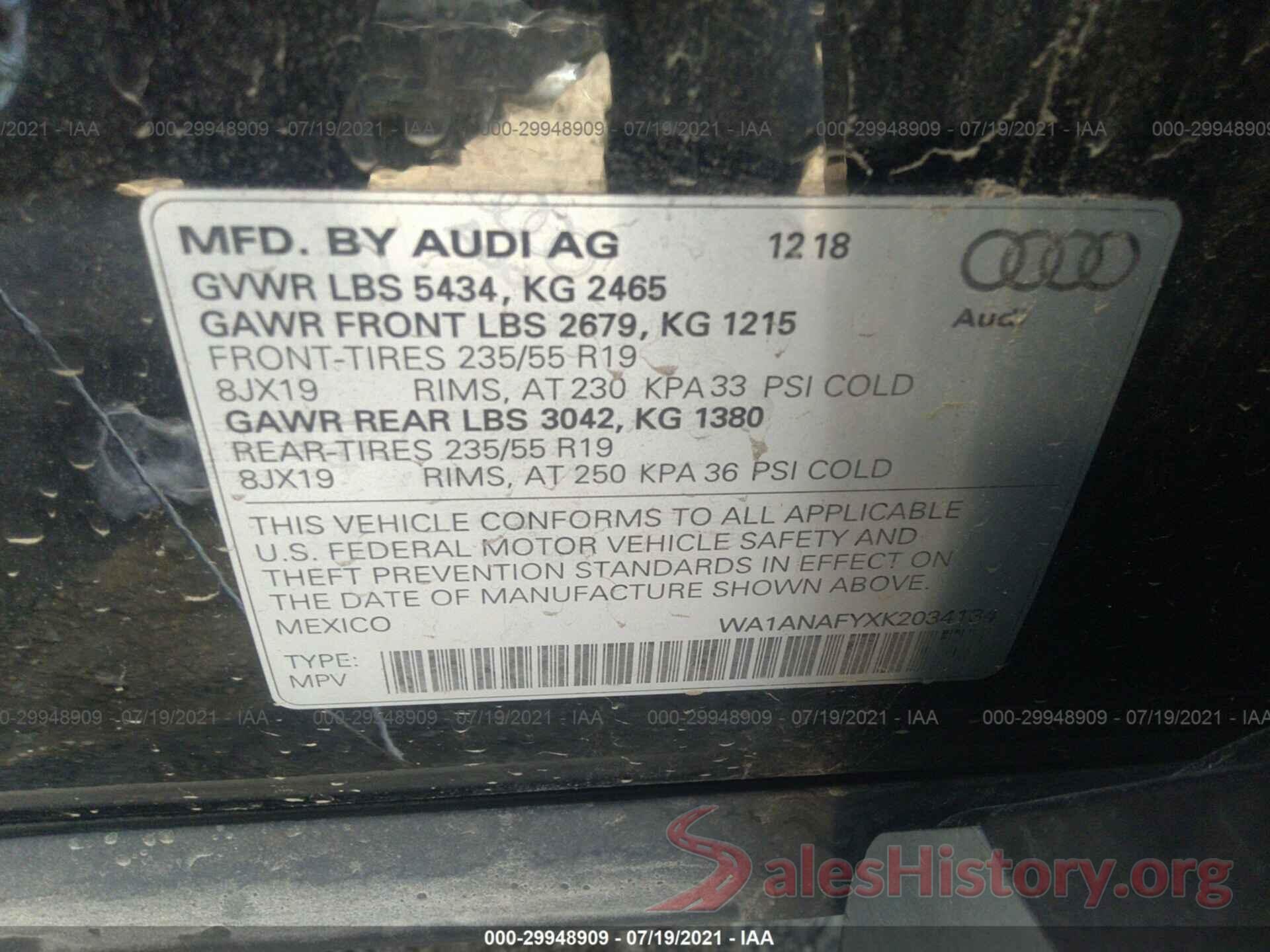 WA1ANAFYXK2034134 2019 AUDI Q5