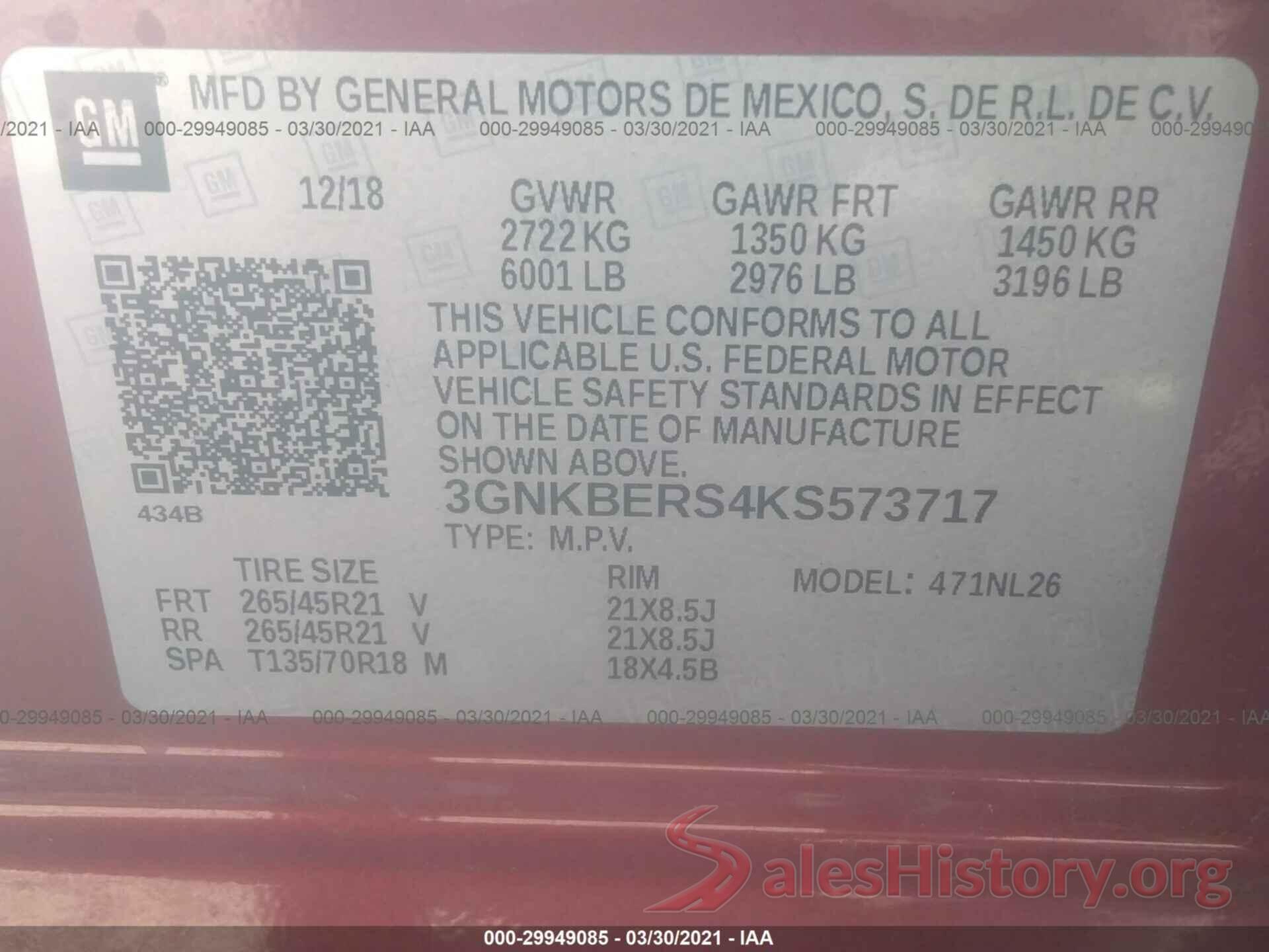 3GNKBERS4KS573717 2019 CHEVROLET BLAZER