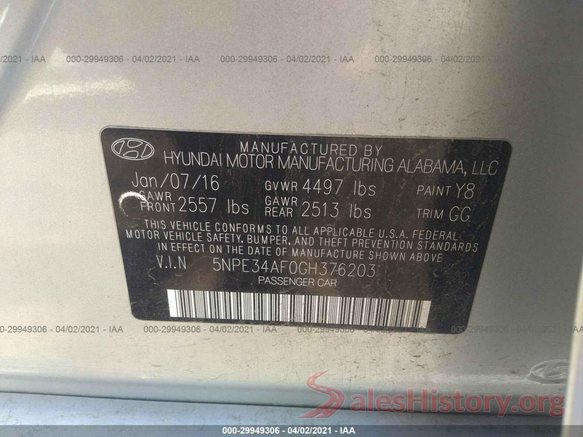 5NPE34AF0GH376203 2016 HYUNDAI SONATA