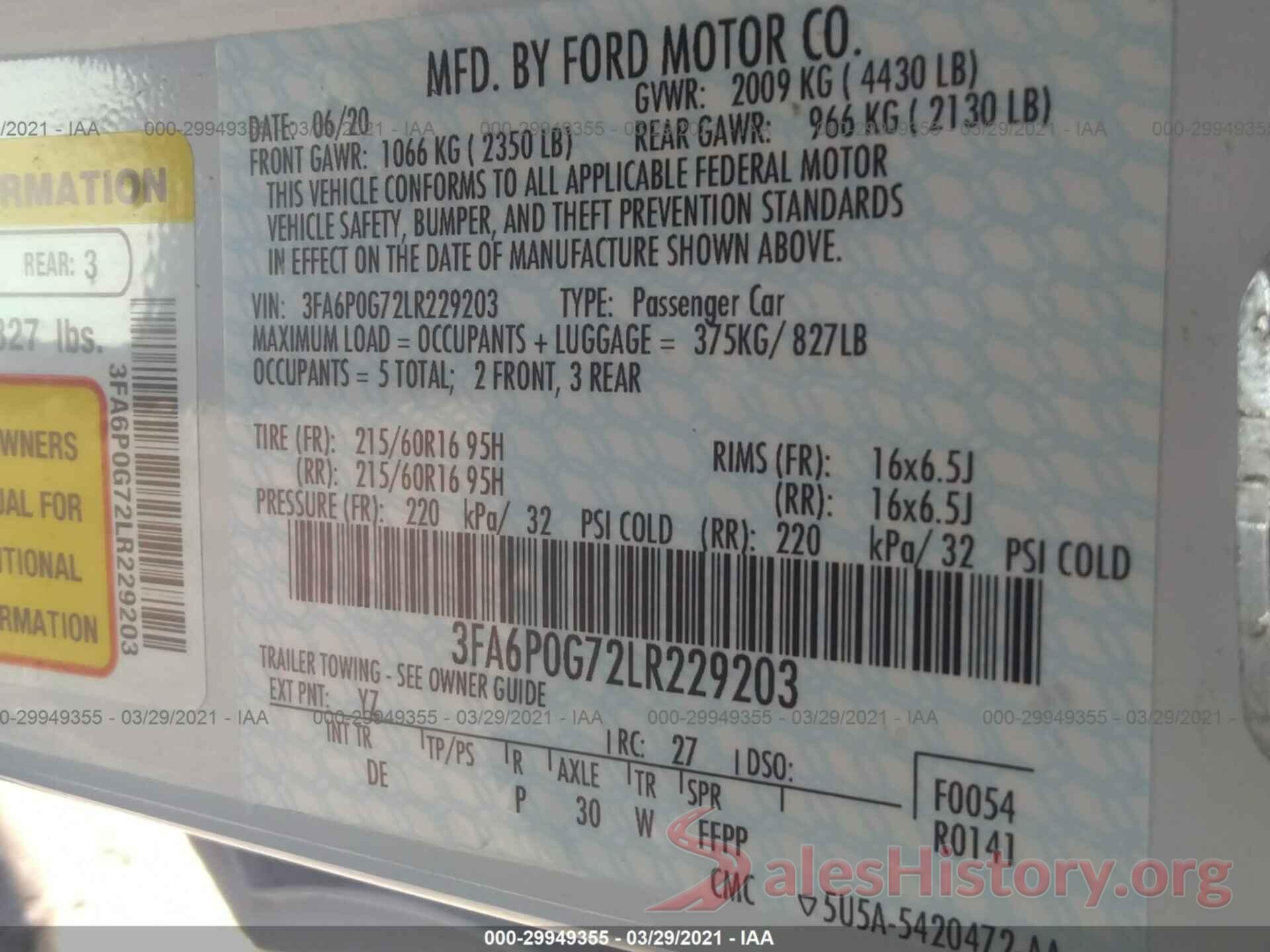 3FA6P0G72LR229203 2020 FORD FUSION