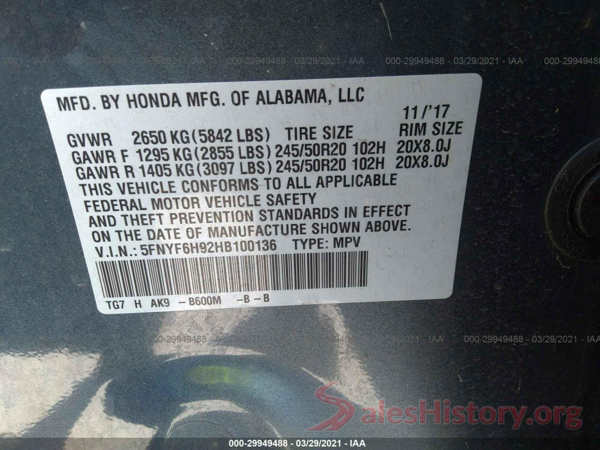 5FNYF6H92HB100136 2017 HONDA PILOT