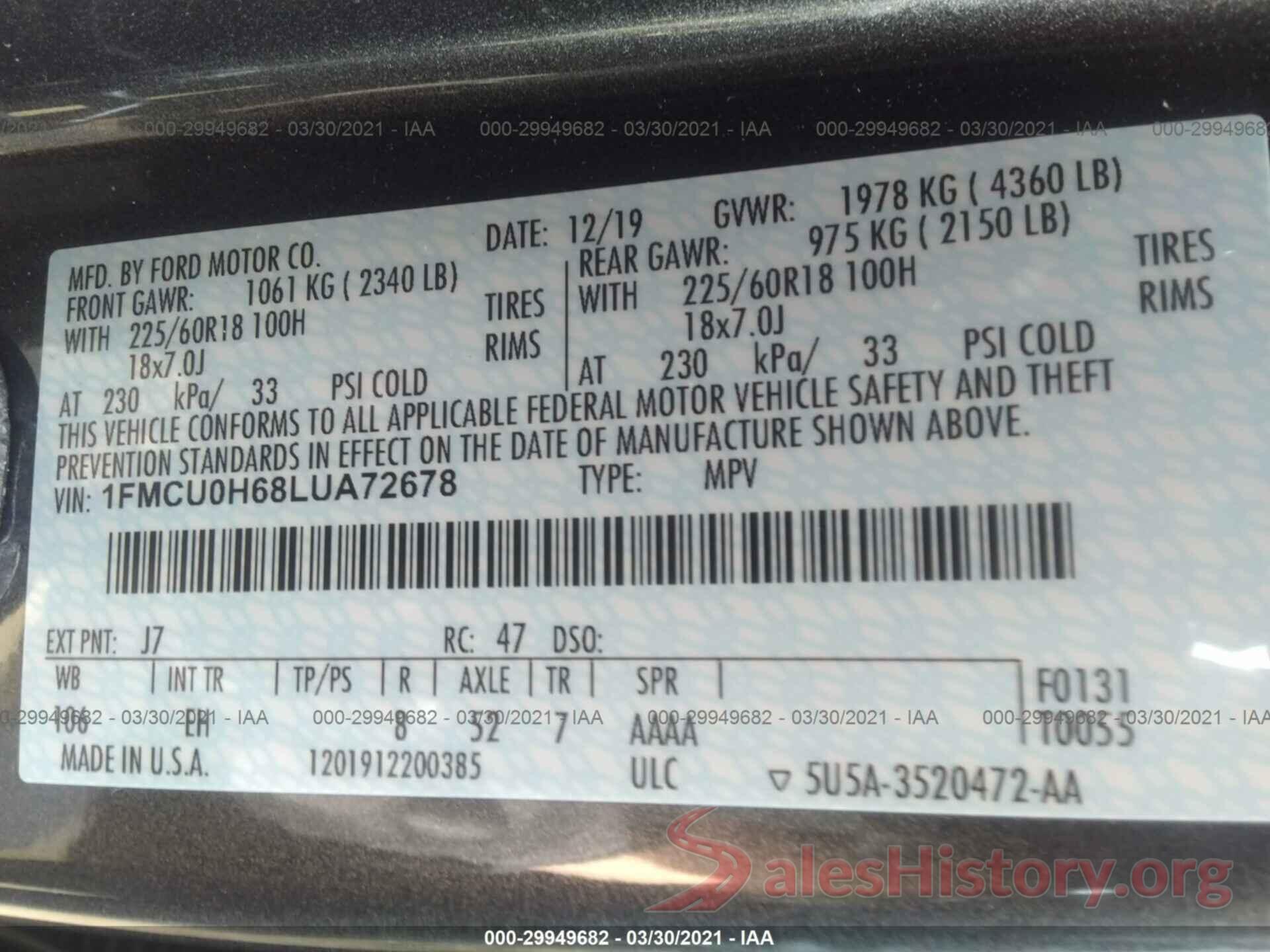 1FMCU0H68LUA72678 2020 FORD ESCAPE