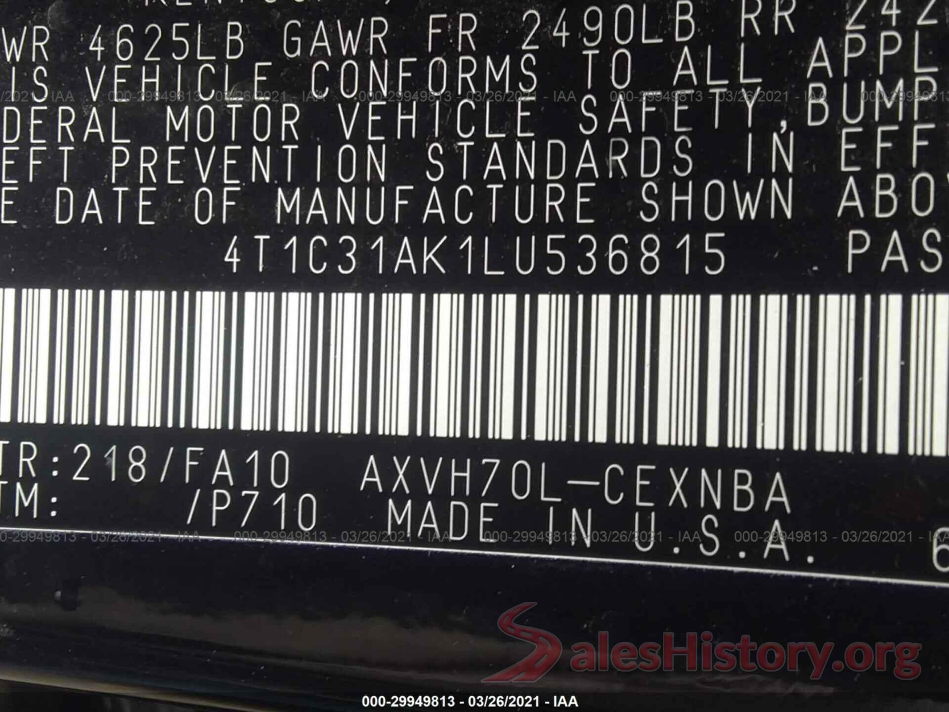 4T1C31AK1LU536815 2020 TOYOTA CAMRY