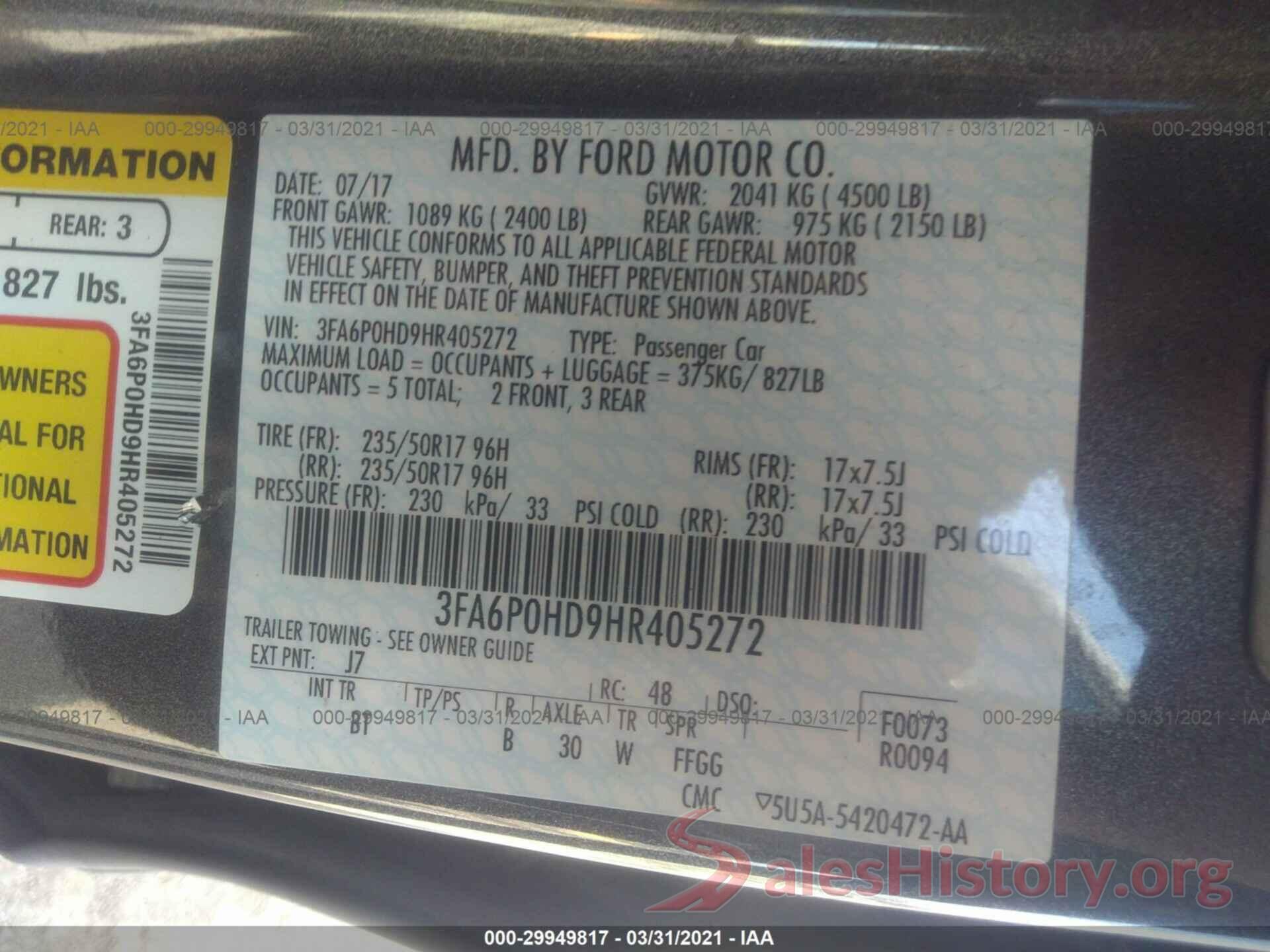 3FA6P0HD9HR405272 2017 FORD FUSION